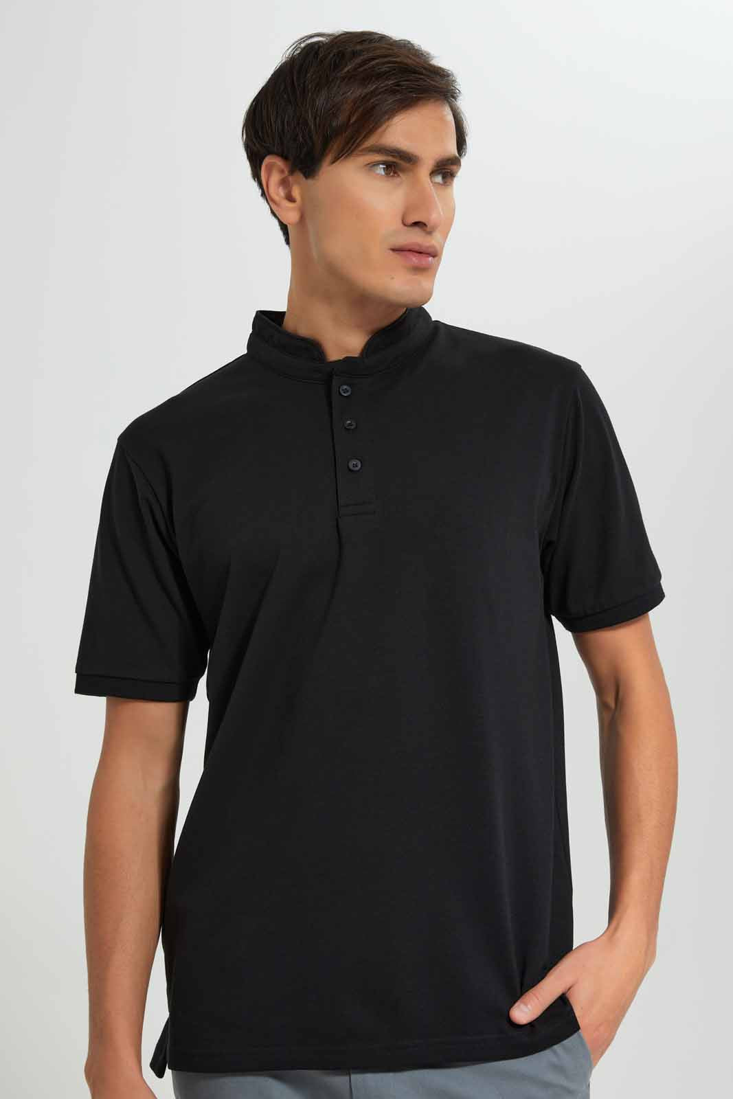 Redtag-Black-Standup-Collar-Polo-Shirt-Category:Polo-T-Shirts,-Colour:Black,-Deals:New-In,-Filter:Men's-Clothing,-Men-Polo-T-Shirts,-New-In-Men-APL,-Non-Sale,-Section:Men,-TBL,-W22A-Men's-