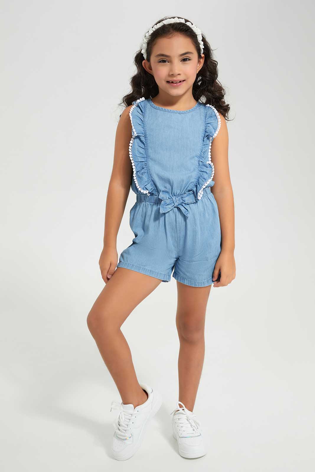 Redtag-Blue-Denim-Jumpsuit-With-Lace-Category:Jumpsuits,-Colour:Blue,-Deals:2-For-90,-Deals:New-In,-Filter:Girls-(2-to-8-Yrs),-GIR-Jumpsuits,-New-In-GIR-APL,-Section:Girls-(0-to-14Yrs),-W22A-Girls-2 to 8 Years