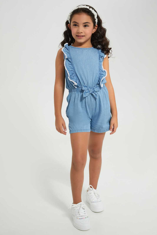 Redtag-Blue-Denim-Jumpsuit-With-Lace-Category:Jumpsuits,-Colour:Blue,-Deals:2-For-90,-Deals:New-In,-Filter:Girls-(2-to-8-Yrs),-GIR-Jumpsuits,-New-In-GIR-APL,-Section:Girls-(0-to-14Yrs),-W22A-Girls-2 to 8 Years