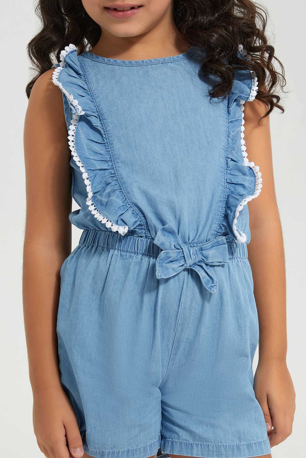 Redtag-Blue-Denim-Jumpsuit-With-Lace-Category:Jumpsuits,-Colour:Blue,-Deals:2-For-90,-Deals:New-In,-Filter:Girls-(2-to-8-Yrs),-GIR-Jumpsuits,-New-In-GIR-APL,-Section:Girls-(0-to-14Yrs),-W22A-Girls-2 to 8 Years
