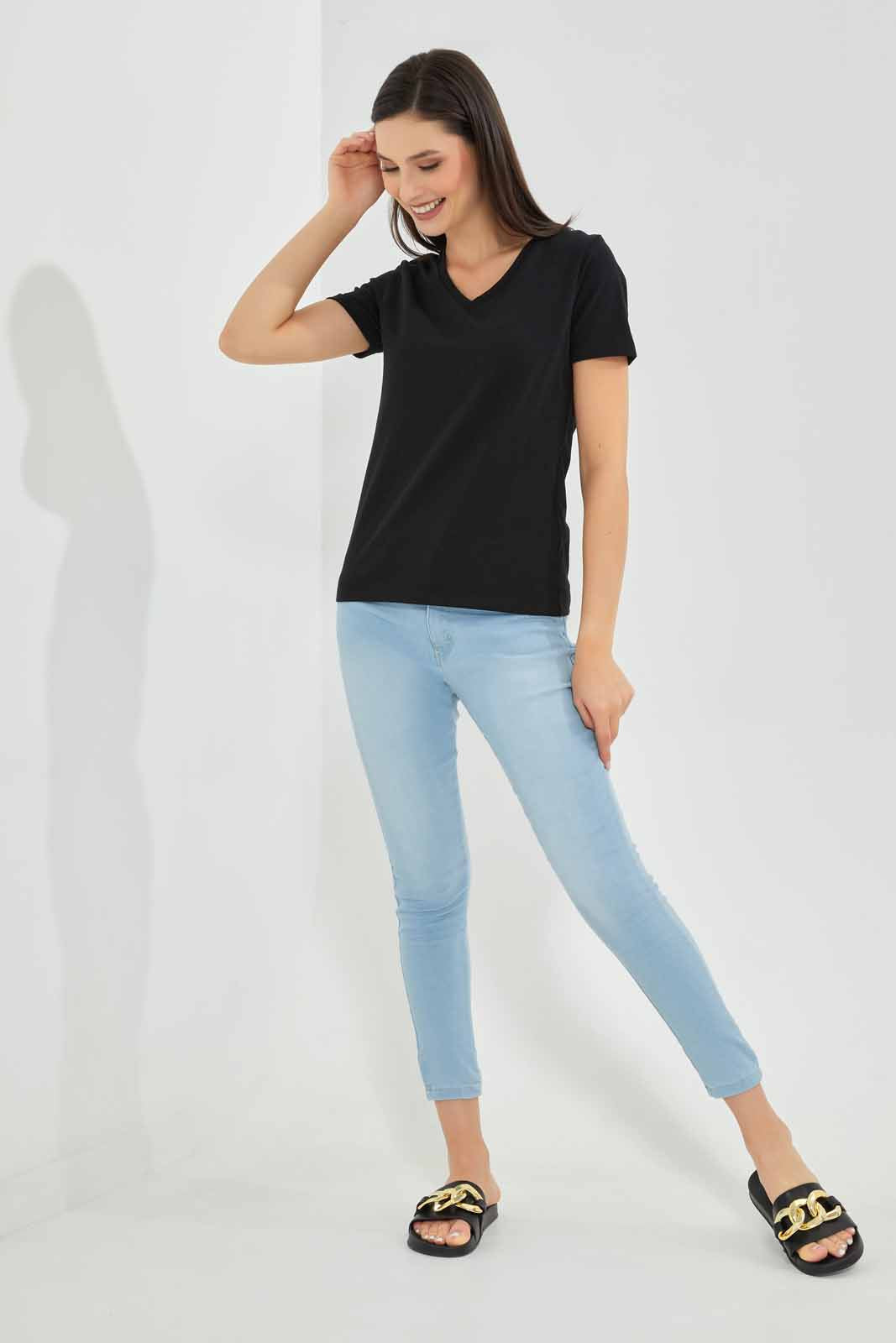 Redtag-Black-Short-Sleeve-V-Neck-T-Shirt-Category:T-Shirts,-Colour:Black,-Deals:New-In,-Filter:Women's-Clothing,-New-In-Women-APL,-Non-Sale,-Section:Women,-TBL,-W22A,-Women-T-Shirts-Women's-