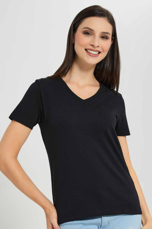 Redtag-Black-Short-Sleeve-V-Neck-T-Shirt-Category:T-Shirts,-Colour:Black,-Deals:New-In,-Filter:Women's-Clothing,-New-In-Women-APL,-Non-Sale,-Section:Women,-TBL,-W22A,-Women-T-Shirts-Women's-