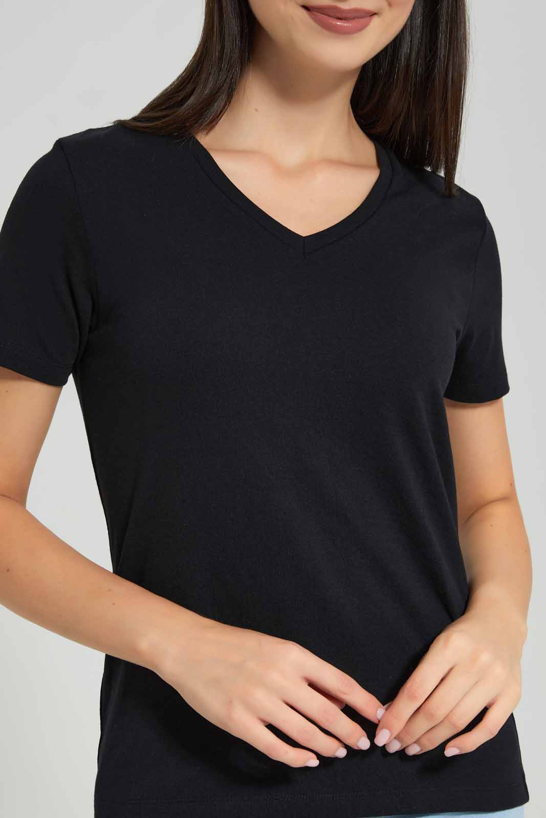 Redtag-Black-Short-Sleeve-V-Neck-T-Shirt-Category:T-Shirts,-Colour:Black,-Deals:New-In,-Filter:Women's-Clothing,-New-In-Women-APL,-Non-Sale,-Section:Women,-TBL,-W22A,-Women-T-Shirts-Women's-