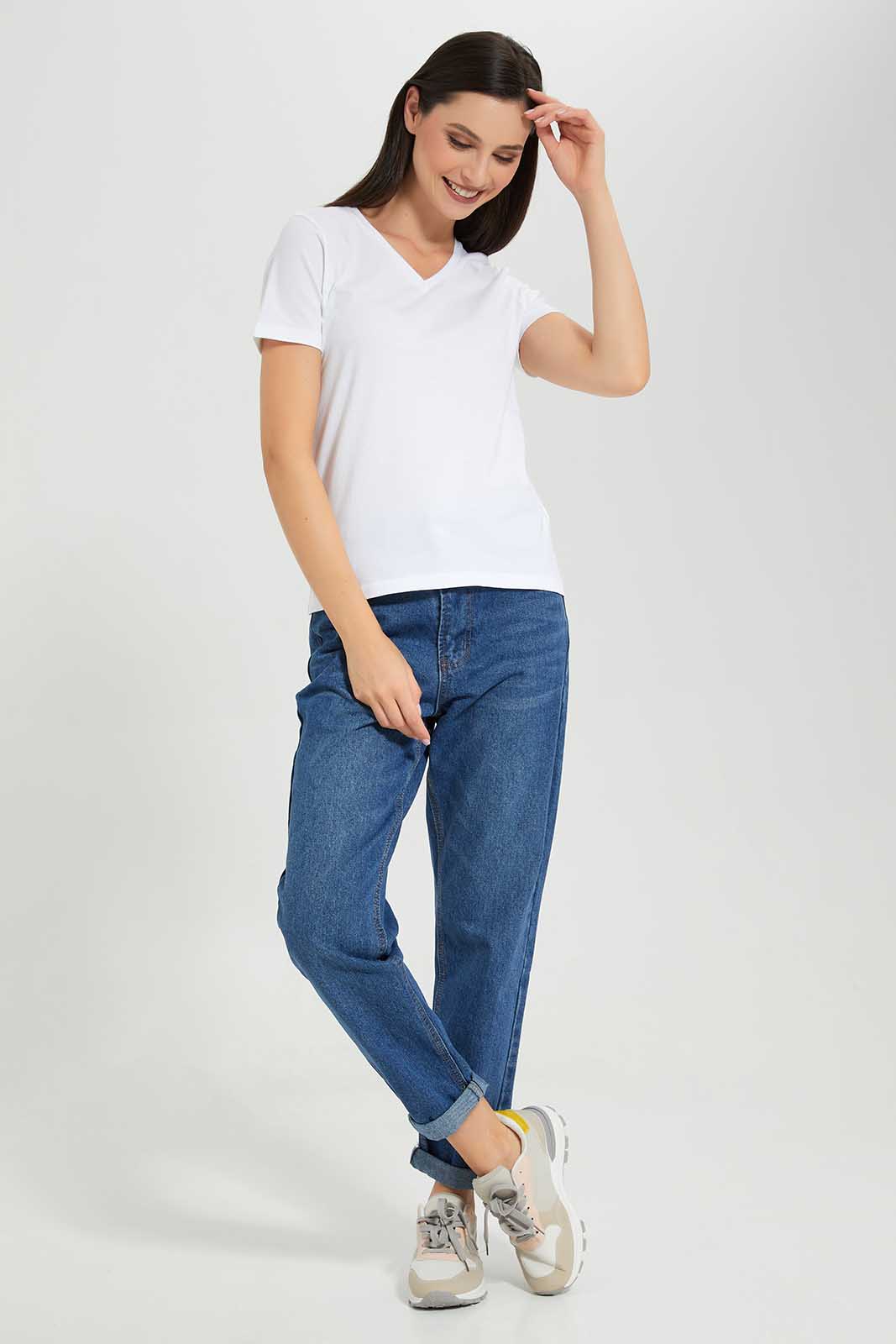 Redtag-White-Short-Sleeve-V-Neck-T-Shirt-Category:T-Shirts,-Colour:White,-Deals:New-In,-Filter:Women's-Clothing,-New-In-Women-APL,-Non-Sale,-Section:Women,-TBL,-W22A,-Women-T-Shirts-Women's-