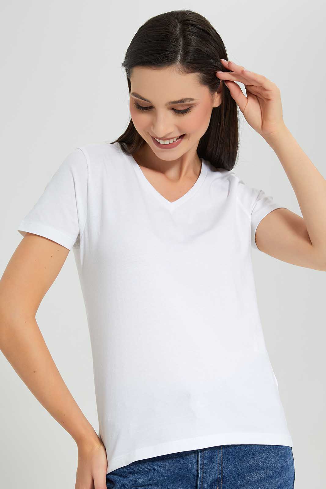 Redtag-White-Short-Sleeve-V-Neck-T-Shirt-Category:T-Shirts,-Colour:White,-Deals:New-In,-Filter:Women's-Clothing,-New-In-Women-APL,-Non-Sale,-Section:Women,-TBL,-W22A,-Women-T-Shirts-Women's-