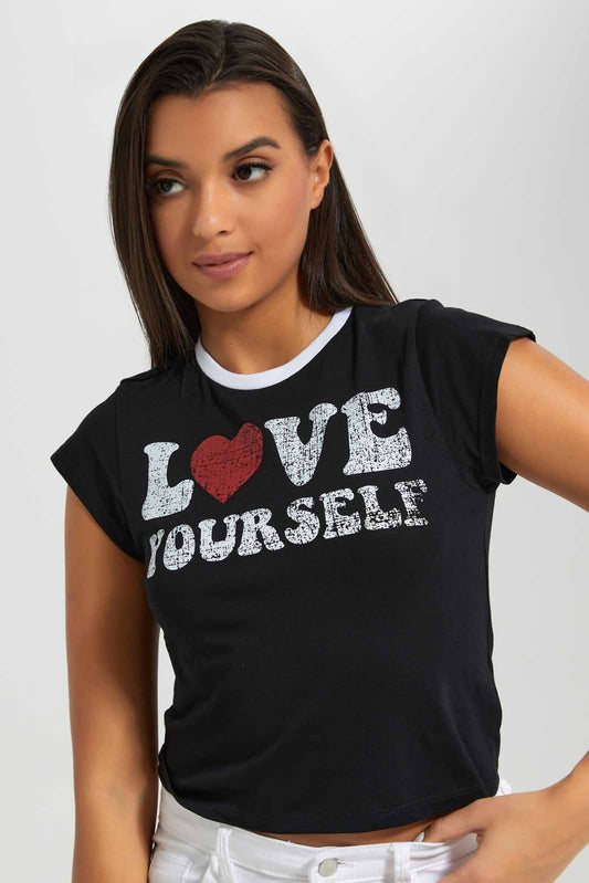 Redtag-Black-Printed-T-Shirt-For-Women-Category:T-Shirts,-Colour:Black,-Deals:New-In,-Filter:Women's-Clothing,-New-In-Women-APL,-Non-Sale,-Section:Women,-W22A,-Women-T-Shirts-Women's-