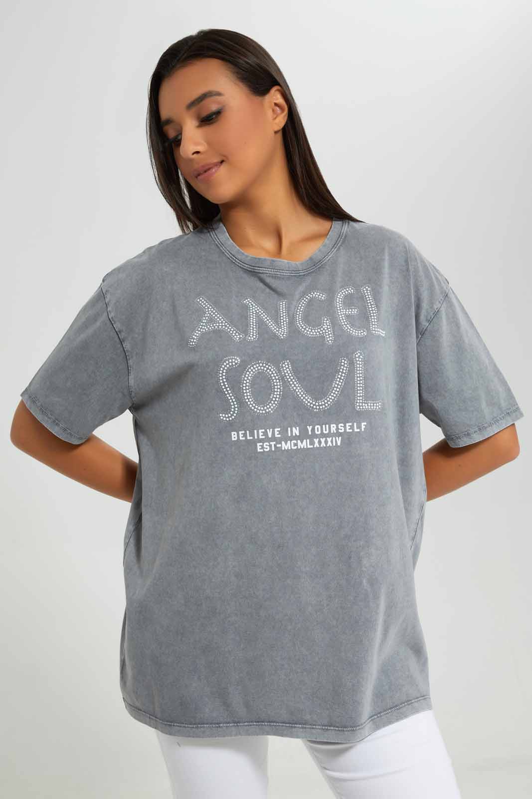 Redtag-Charcoal-Embellished-Acid-Wash-T-Shirt-Category:T-Shirts,-Colour:Charcoal,-Deals:New-In,-Filter:Women's-Clothing,-New-In-Women-APL,-Non-Sale,-Section:Women,-W22A,-Women-T-Shirts-Women's-