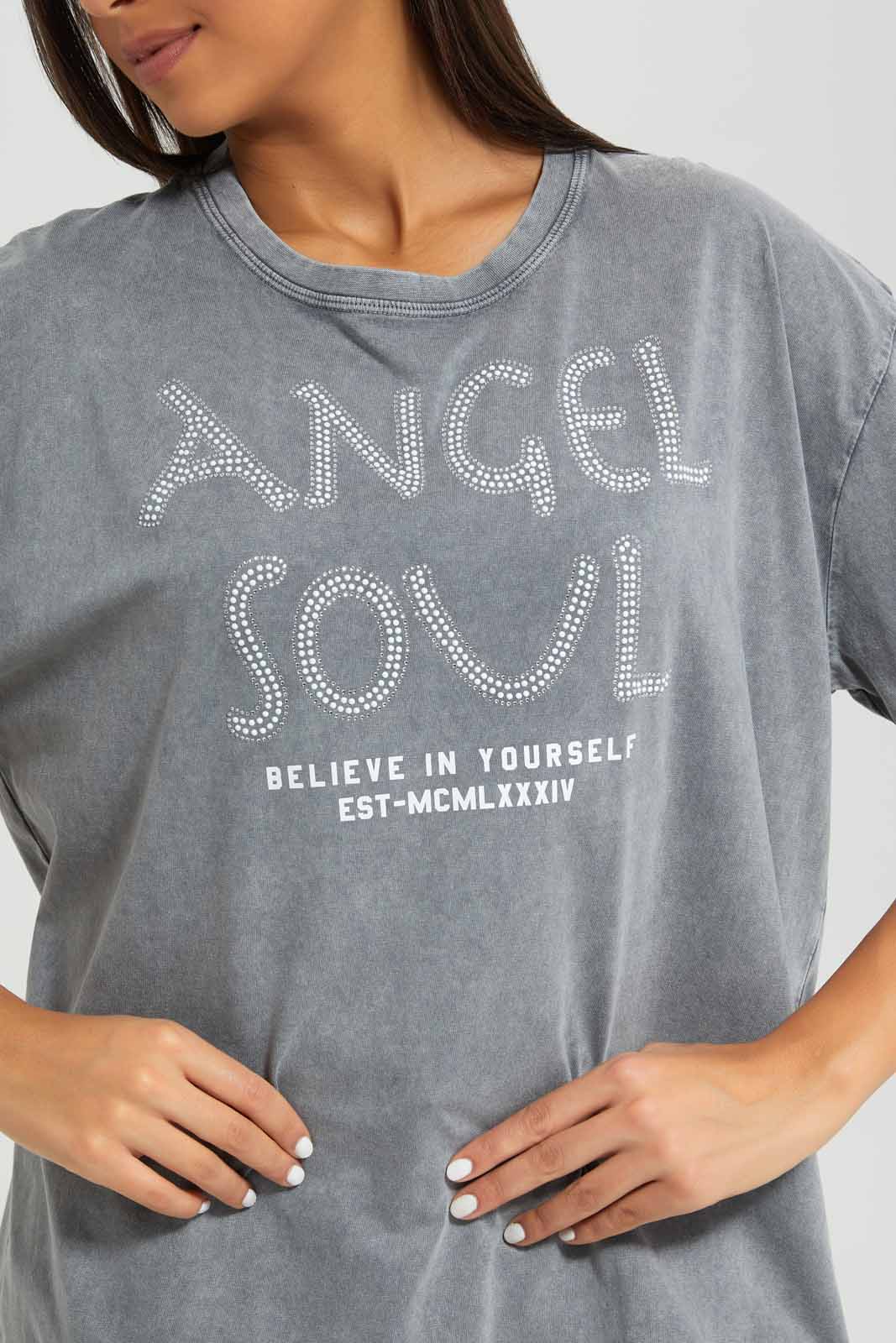Redtag-Charcoal-Embellished-Acid-Wash-T-Shirt-Category:T-Shirts,-Colour:Charcoal,-Deals:New-In,-Filter:Women's-Clothing,-New-In-Women-APL,-Non-Sale,-Section:Women,-W22A,-Women-T-Shirts-Women's-