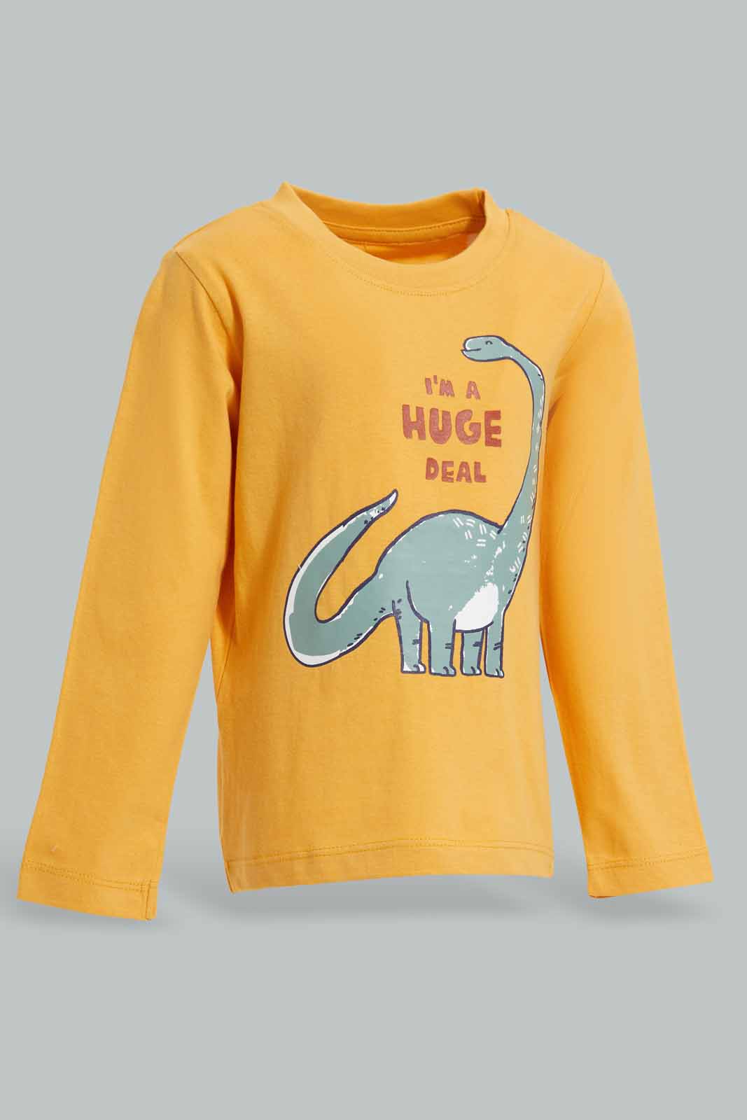 Redtag-Mustard-Honey-Goldcamo-Dino-Ls-Tee-With-Pajama-Pj-SET-(2-Pack)-Category:Pyjama-Sets,-Colour:Mustard,-Deals:New-In,-Filter:Infant-Boys-(3-to-24-Mths),-INB-Pyjama-Sets,-New-In-INB-APL,-Non-Sale,-Section:Boys-(0-to-14Yrs),-W22A-Infant-Boys-3 to 24 Months