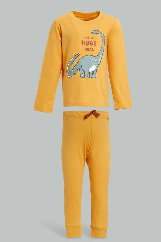 Redtag-Mustard-Honey-Goldcamo-Dino-Ls-Tee-With-Pajama-Pj-SET-(2-Pack)-Category:Pyjama-Sets,-Colour:Mustard,-Deals:New-In,-Filter:Infant-Boys-(3-to-24-Mths),-INB-Pyjama-Sets,-New-In-INB-APL,-Non-Sale,-Section:Boys-(0-to-14Yrs),-W22A-Infant-Boys-3 to 24 Months