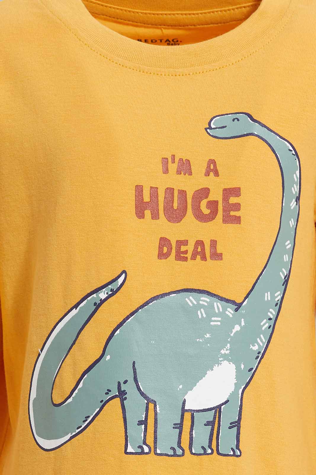 Redtag-Mustard-Honey-Goldcamo-Dino-Ls-Tee-With-Pajama-Pj-SET-(2-Pack)-Category:Pyjama-Sets,-Colour:Mustard,-Deals:New-In,-Filter:Infant-Boys-(3-to-24-Mths),-INB-Pyjama-Sets,-New-In-INB-APL,-Non-Sale,-Section:Boys-(0-to-14Yrs),-W22A-Infant-Boys-3 to 24 Months