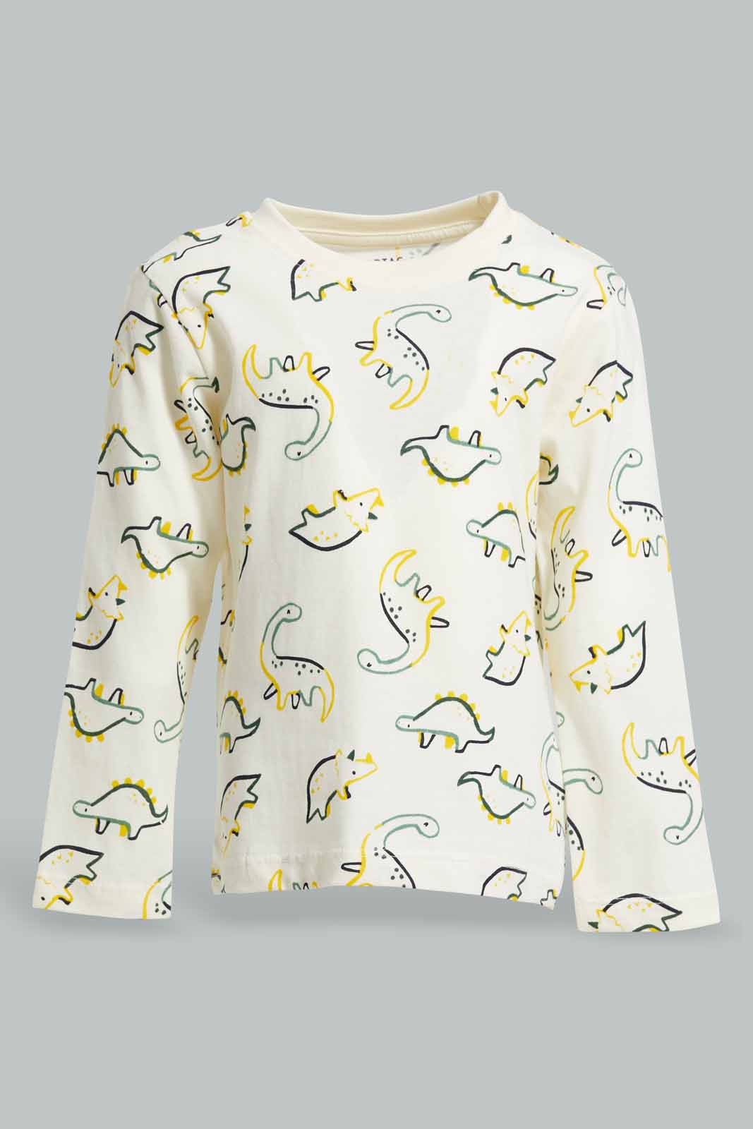 Redtag-Ecru-Butter-Cream-Mithy-Dino-Ls-Tee-With-Pajama-Pj-Set-(2-Pack)-Category:Pyjama-Sets,-Colour:Ecru,-Deals:New-In,-Filter:Infant-Boys-(3-to-24-Mths),-INB-Pyjama-Sets,-New-In-INB-APL,-Non-Sale,-Section:Boys-(0-to-14Yrs),-W22A-Infant-Boys-3 to 24 Months