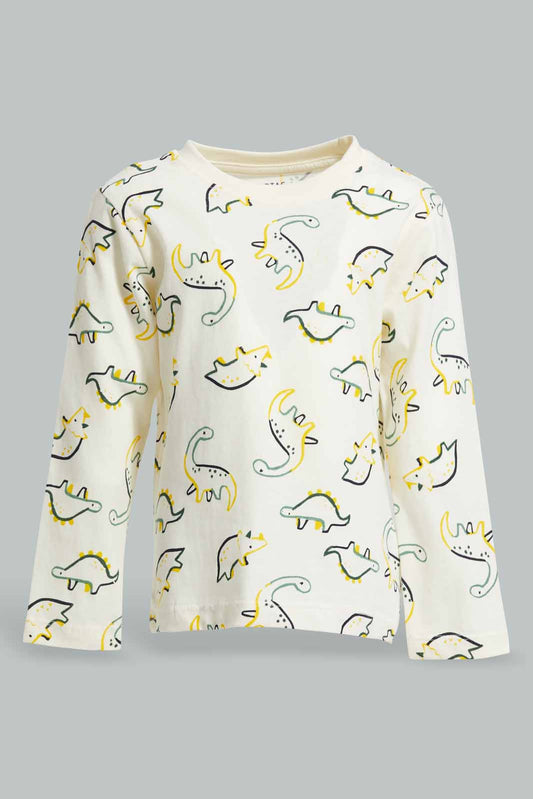 Redtag-Ecru-Butter-Cream-Mithy-Dino-Ls-Tee-With-Pajama-Pj-Set-(2-Pack)-Category:Pyjama-Sets,-Colour:Ecru,-Deals:New-In,-Filter:Infant-Boys-(3-to-24-Mths),-INB-Pyjama-Sets,-New-In-INB-APL,-Non-Sale,-Section:Boys-(0-to-14Yrs),-W22A-Infant-Boys-3 to 24 Months