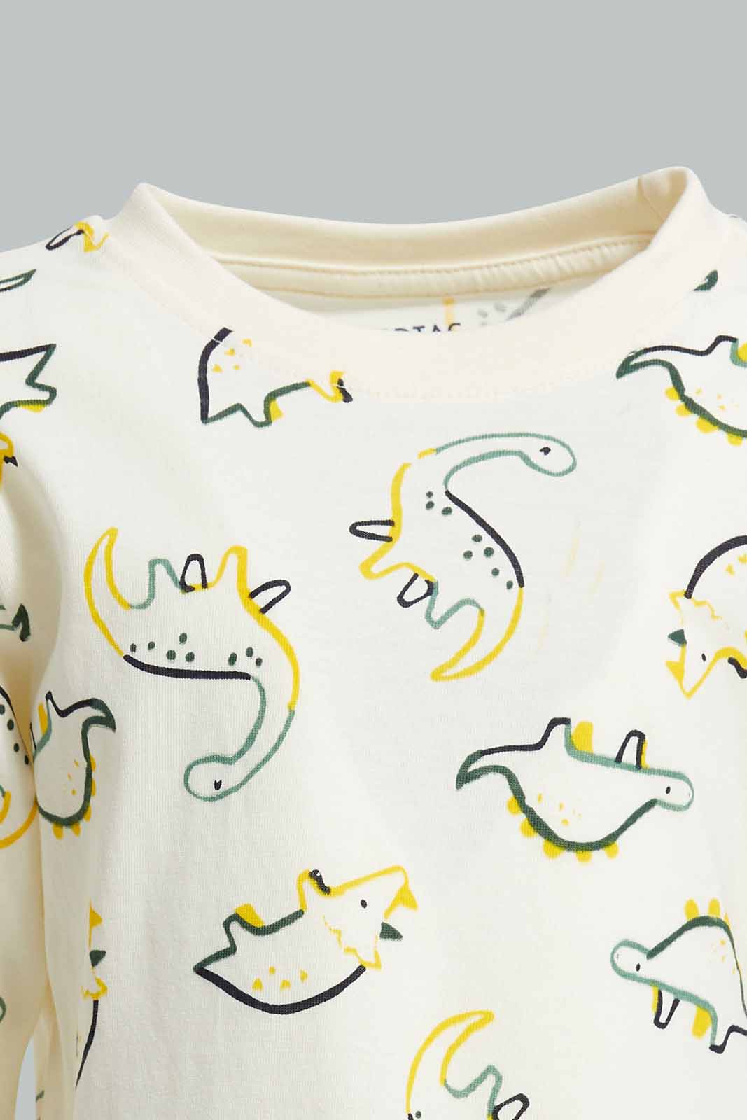 Redtag-Ecru-Butter-Cream-Mithy-Dino-Ls-Tee-With-Pajama-Pj-Set-(2-Pack)-Category:Pyjama-Sets,-Colour:Ecru,-Deals:New-In,-Filter:Infant-Boys-(3-to-24-Mths),-INB-Pyjama-Sets,-New-In-INB-APL,-Non-Sale,-Section:Boys-(0-to-14Yrs),-W22A-Infant-Boys-3 to 24 Months