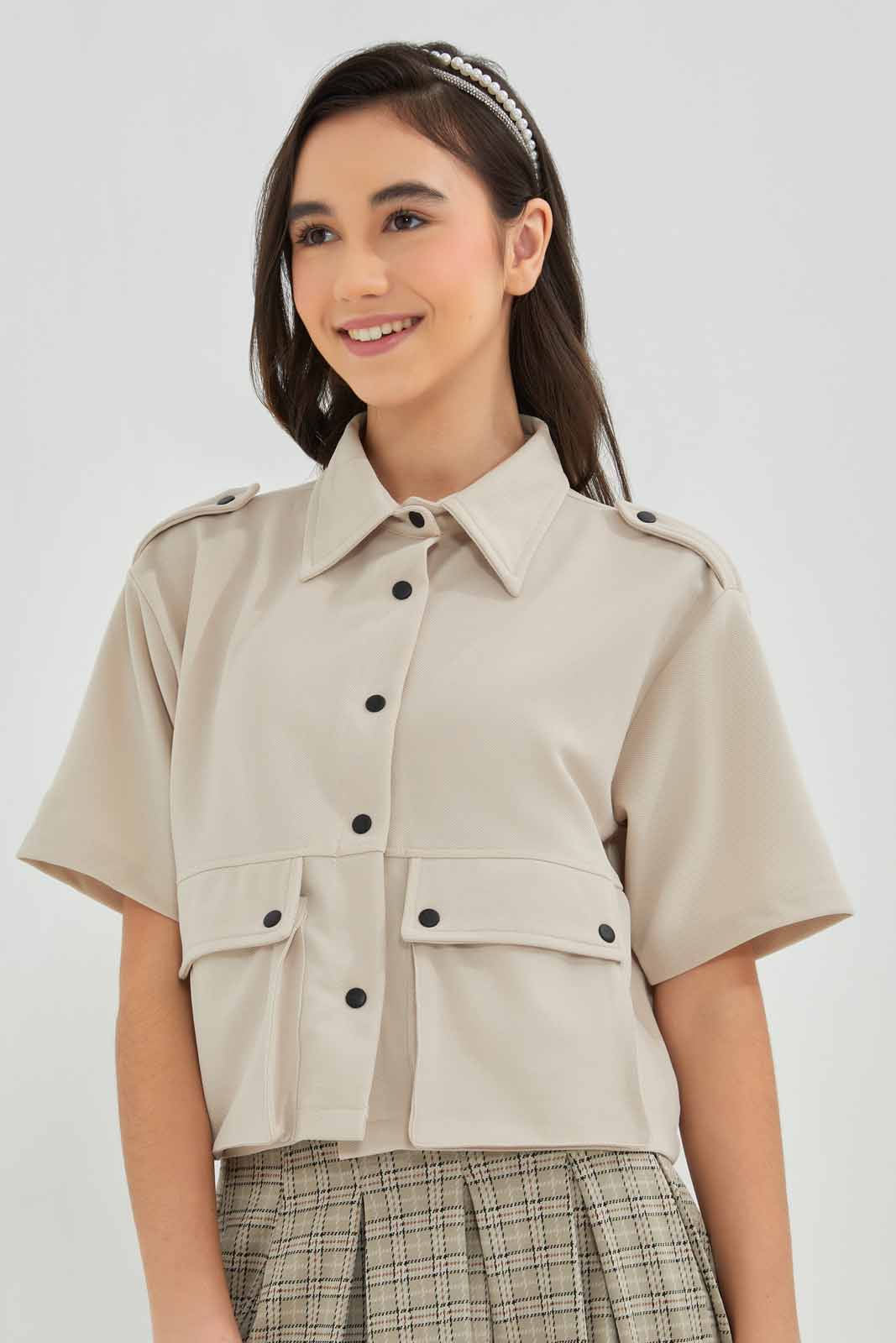 Redtag-Beige-Crop-Shirt-Category:Blouses,-Colour:Beige,-Deals:New-In,-Filter:Senior-Girls-(8-to-14-Yrs),-GSR-Blouses,-New-In-GSR-APL,-Non-Sale,-Section:Girls-(0-to-14Yrs),-W22A-Senior-Girls-9 to 14 Years