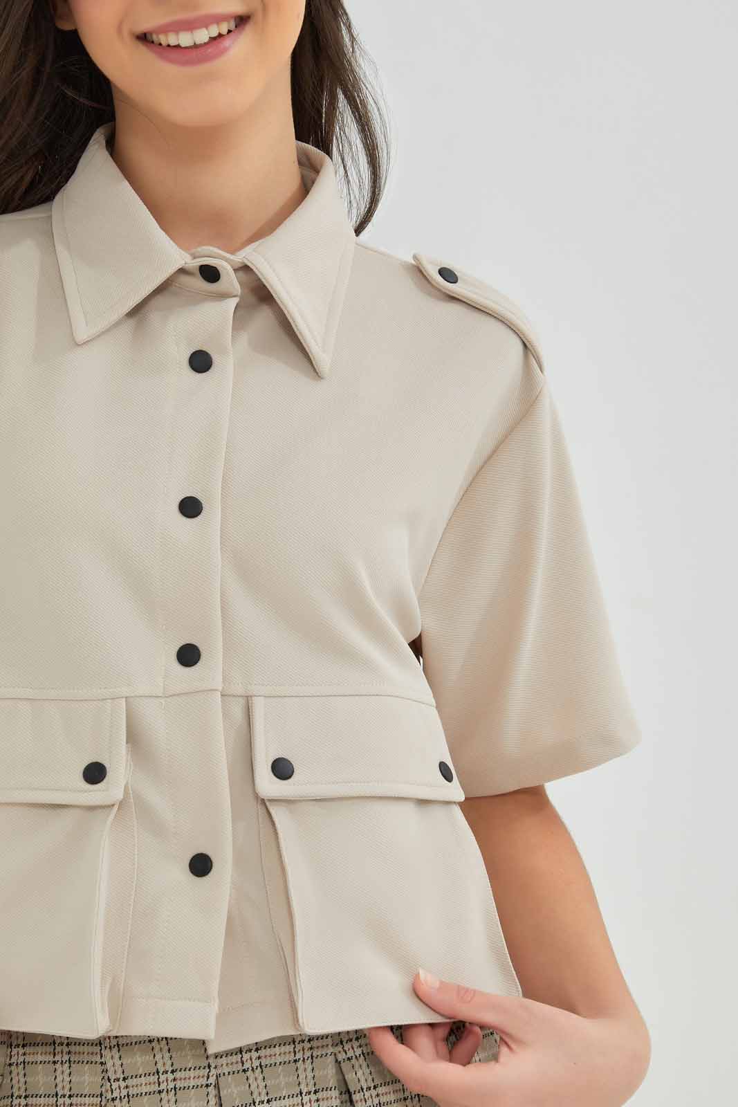 Redtag-Beige-Crop-Shirt-Category:Blouses,-Colour:Beige,-Deals:New-In,-Filter:Senior-Girls-(8-to-14-Yrs),-GSR-Blouses,-New-In-GSR-APL,-Non-Sale,-Section:Girls-(0-to-14Yrs),-W22A-Senior-Girls-9 to 14 Years