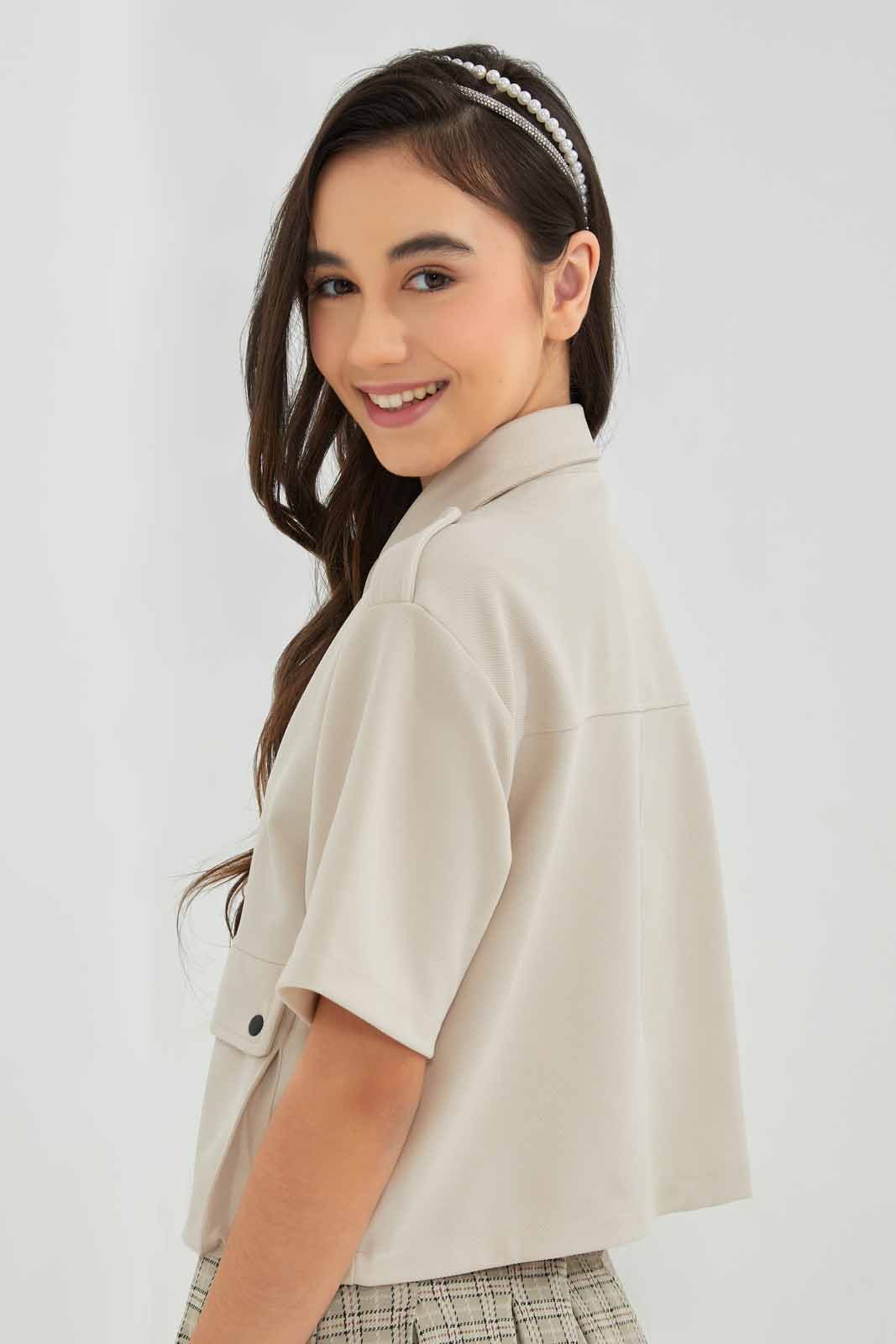 Redtag-Beige-Crop-Shirt-Category:Blouses,-Colour:Beige,-Deals:New-In,-Filter:Senior-Girls-(8-to-14-Yrs),-GSR-Blouses,-New-In-GSR-APL,-Non-Sale,-Section:Girls-(0-to-14Yrs),-W22A-Senior-Girls-9 to 14 Years