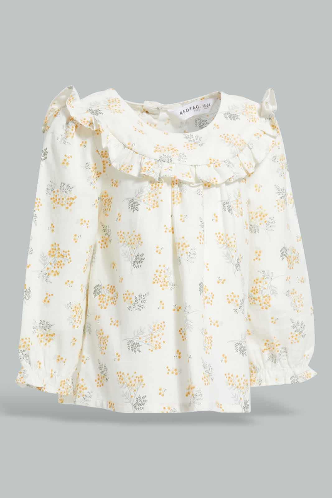 Redtag-White-Floral-AOP-Front-Frills-Category:Blouses,-Colour:Cream,-Deals:New-In,-Filter:Infant-Girls-(3-to-24-Mths),-ING-Blouses,-New-In-ING-APL,-Non-Sale,-Section:Girls-(0-to-14Yrs),-W22A-Infant-Girls-3 to 24 Months