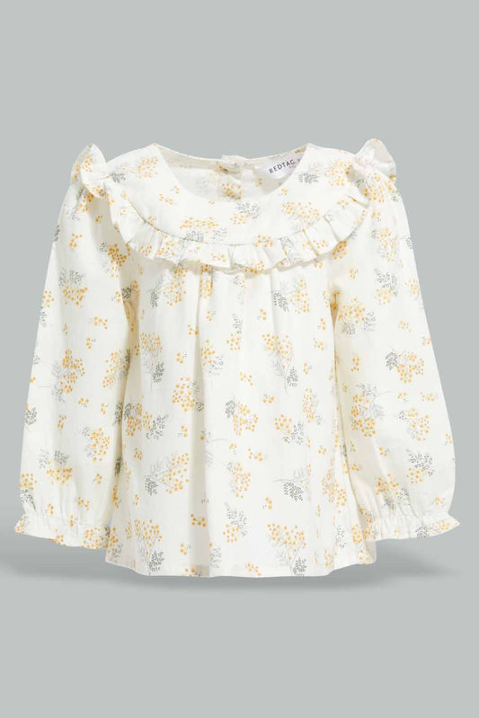 Redtag-White-Floral-AOP-Front-Frills-Category:Blouses,-Colour:Cream,-Deals:New-In,-Filter:Infant-Girls-(3-to-24-Mths),-ING-Blouses,-New-In-ING-APL,-Non-Sale,-Section:Girls-(0-to-14Yrs),-W22A-Infant-Girls-3 to 24 Months