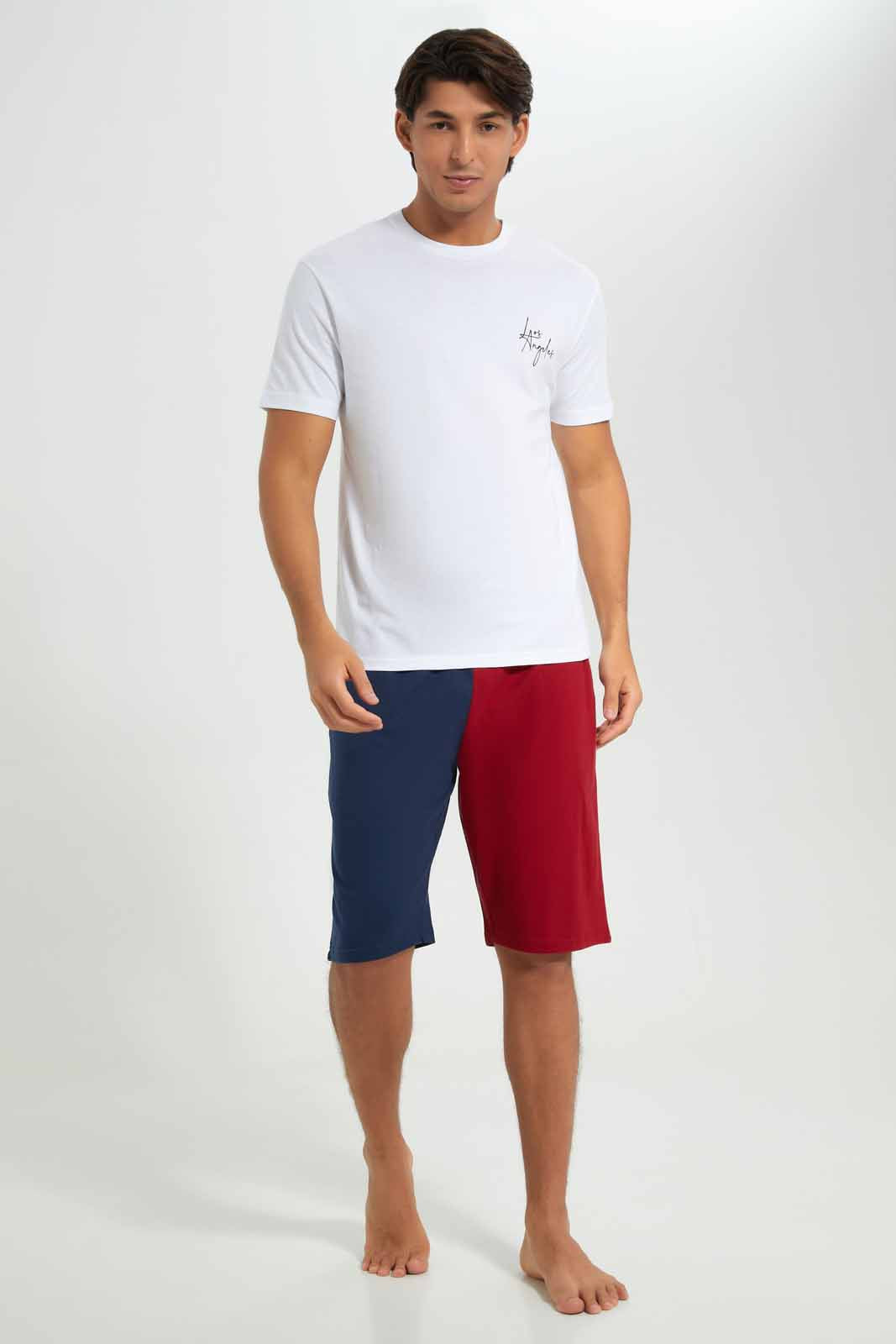 Redtag-White-T-Shirt-With-Red-&-Navy-Shorts-Pyjama-Set-Category:Pyjama-Sets,-Colour:White,-Deals:New-In,-Filter:Men's-Clothing,-Men-Pyjama-Sets,-New-In-Men-APL,-Non-Sale,-Section:Men,-W22A-Men's-