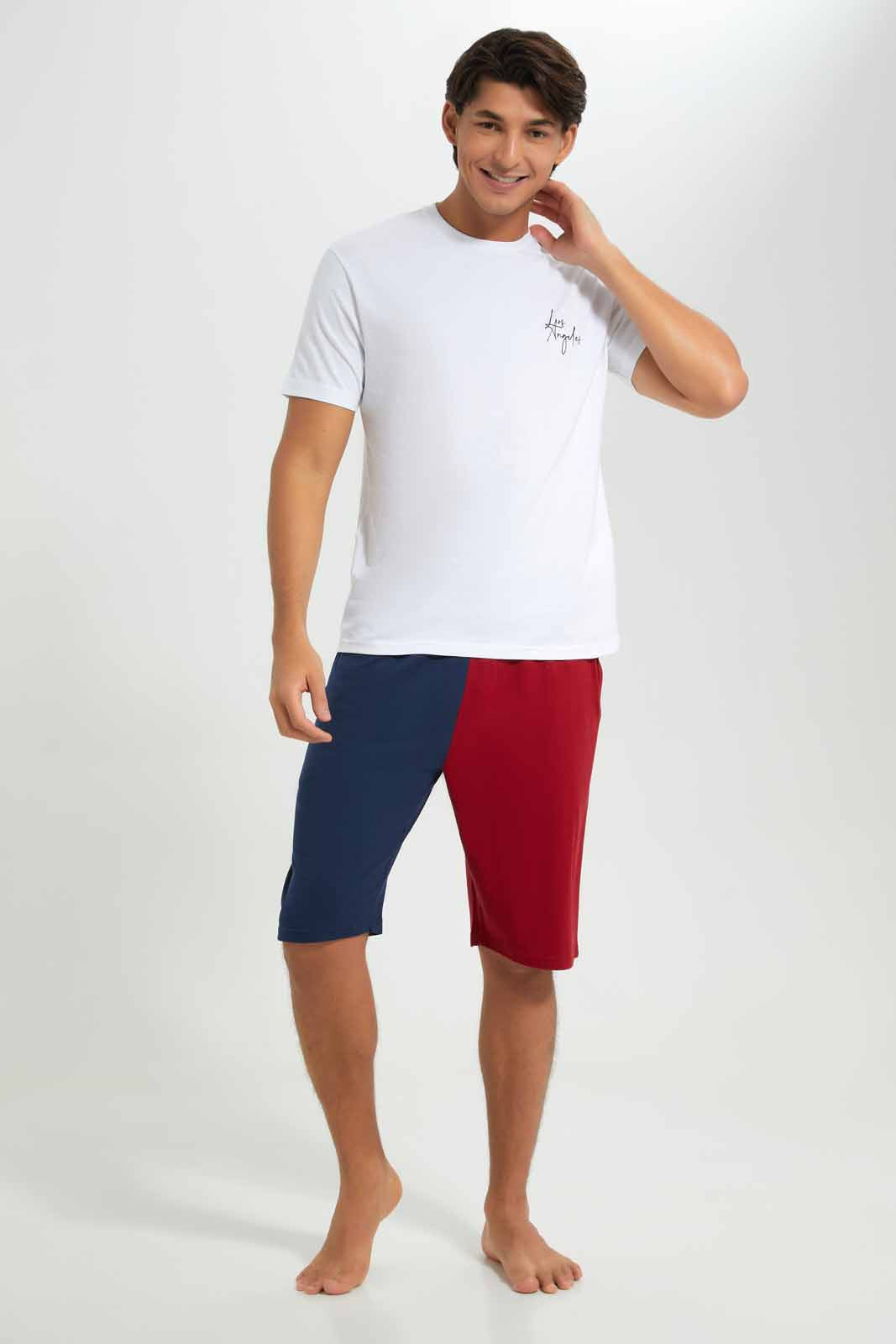 Redtag-White-T-Shirt-With-Red-&-Navy-Shorts-Pyjama-Set-Category:Pyjama-Sets,-Colour:White,-Deals:New-In,-Filter:Men's-Clothing,-Men-Pyjama-Sets,-New-In-Men-APL,-Non-Sale,-Section:Men,-W22A-Men's-