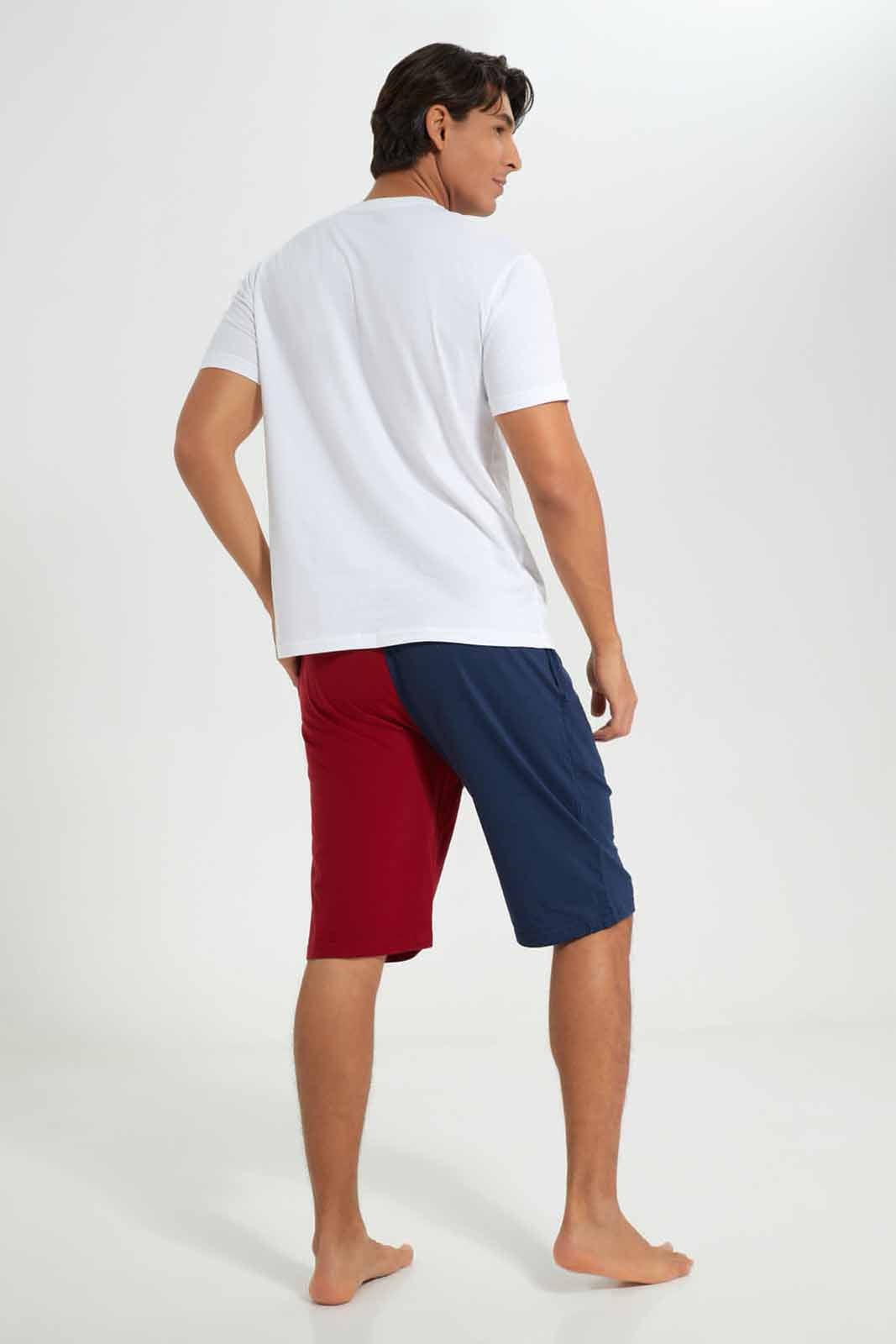 Redtag-White-T-Shirt-With-Red-&-Navy-Shorts-Pyjama-Set-Category:Pyjama-Sets,-Colour:White,-Deals:New-In,-Filter:Men's-Clothing,-Men-Pyjama-Sets,-New-In-Men-APL,-Non-Sale,-Section:Men,-W22A-Men's-