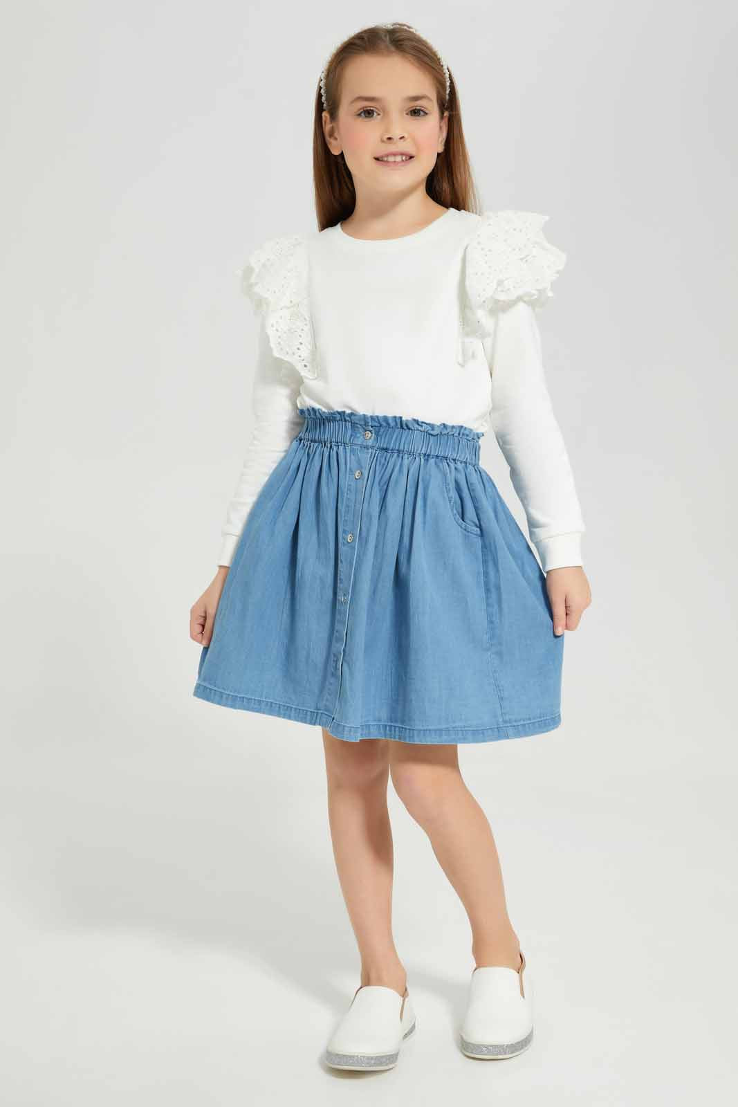 Redtag-Blue-Denim-Skrit-Category:Skirts,-Colour:Blue,-Deals:New-In,-Denim,-Filter:Girls-(2-to-8-Yrs),-GIR-Skirts,-New-In-GIR-APL,-Non-Sale,-Section:Girls-(0-to-14Yrs),-W22A-Girls-2 to 8 Years