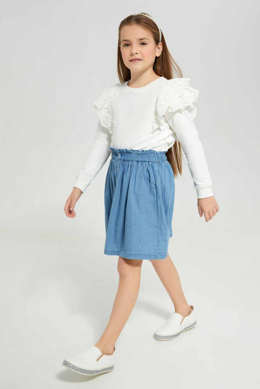 Redtag-Blue-Denim-Skrit-Category:Skirts,-Colour:Blue,-Deals:New-In,-Denim,-Filter:Girls-(2-to-8-Yrs),-GIR-Skirts,-New-In-GIR-APL,-Non-Sale,-Section:Girls-(0-to-14Yrs),-W22A-Girls-2 to 8 Years