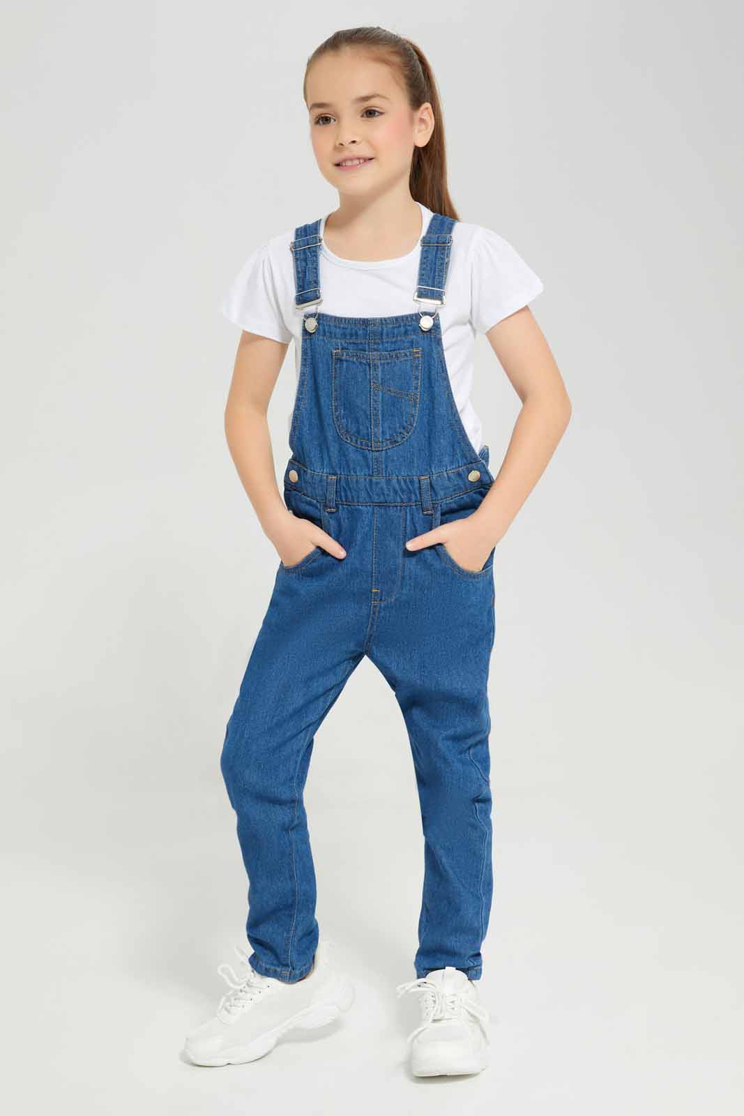 Redtag-White-Knitted-Top-and-Denim-Dangrisets-Category:Sets,-Colour:White,-Deals:New-In,-Denim,-Filter:Girls-(2-to-8-Yrs),-GIR-Sets,-New-In-GIR-APL,-Non-Sale,-Section:Girls-(0-to-14Yrs),-W22A-Girls-2 to 8 Years