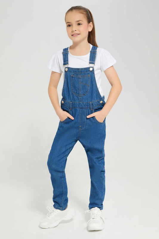 Redtag-White-Knitted-Top-and-Denim-Dangrisets-Category:Sets,-Colour:White,-Deals:New-In,-Denim,-Filter:Girls-(2-to-8-Yrs),-GIR-Sets,-New-In-GIR-APL,-Non-Sale,-Section:Girls-(0-to-14Yrs),-W22A-Girls-2 to 8 Years