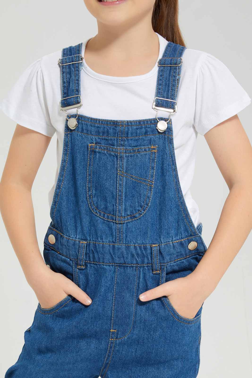 Redtag-White-Knitted-Top-and-Denim-Dangrisets-Category:Sets,-Colour:White,-Deals:New-In,-Denim,-Filter:Girls-(2-to-8-Yrs),-GIR-Sets,-New-In-GIR-APL,-Non-Sale,-Section:Girls-(0-to-14Yrs),-W22A-Girls-2 to 8 Years