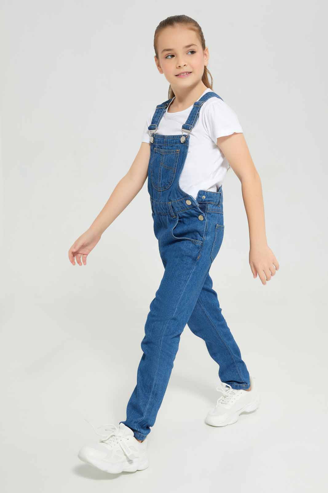 Redtag-White-Knitted-Top-and-Denim-Dangrisets-Category:Sets,-Colour:White,-Deals:New-In,-Denim,-Filter:Girls-(2-to-8-Yrs),-GIR-Sets,-New-In-GIR-APL,-Non-Sale,-Section:Girls-(0-to-14Yrs),-W22A-Girls-2 to 8 Years