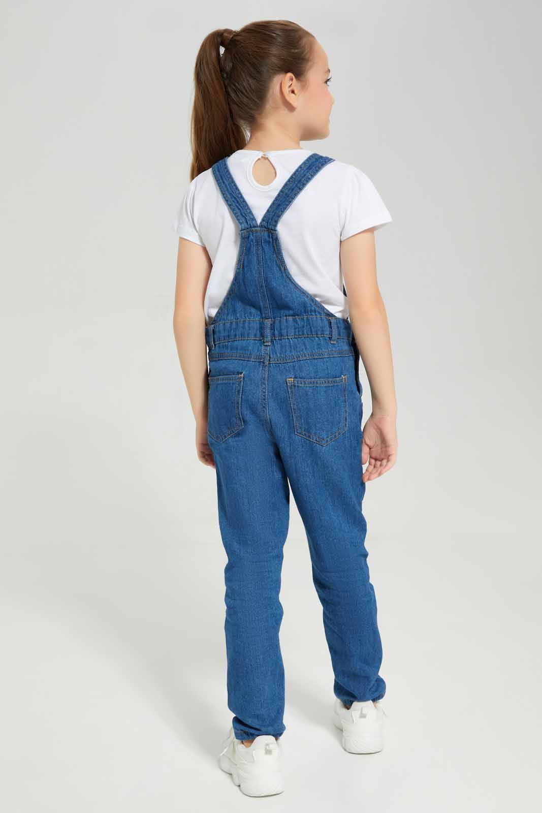 Redtag-White-Knitted-Top-and-Denim-Dangrisets-Category:Sets,-Colour:White,-Deals:New-In,-Denim,-Filter:Girls-(2-to-8-Yrs),-GIR-Sets,-New-In-GIR-APL,-Non-Sale,-Section:Girls-(0-to-14Yrs),-W22A-Girls-2 to 8 Years