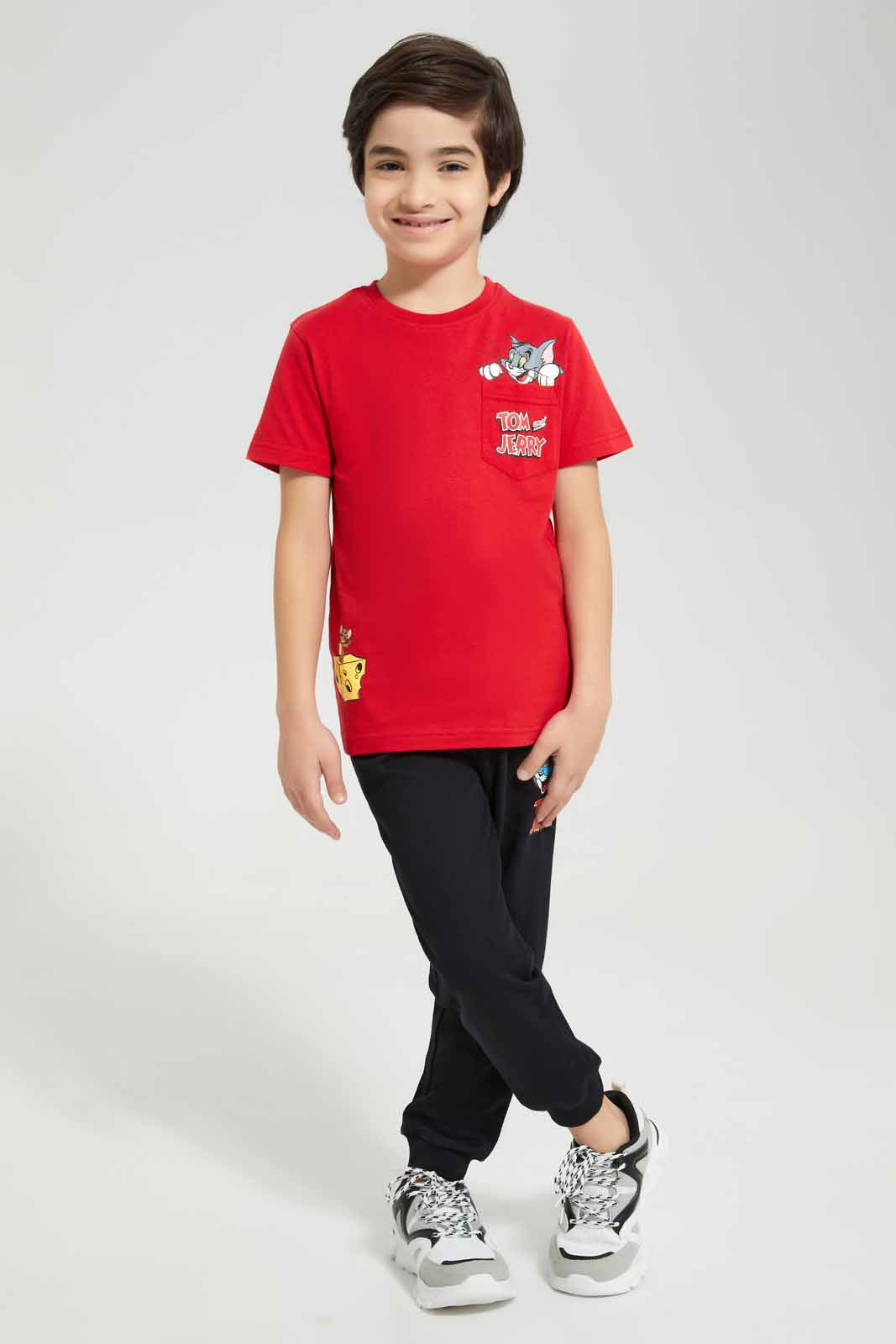 Redtag-Red-Tom-And-Jerry-Pocket-Graphic-Short-Sleeve-T-Shirt-BOY-T-Shirts,-Category:T-Shirts,-Colour:Red,-Deals:New-In,-Filter:Boys-(2-to-8-Yrs),-New-In-BOY-APL,-Non-Sale,-Section:Boys-(0-to-14Yrs),-TBL,-W22A-Boys-2 to 8 Years