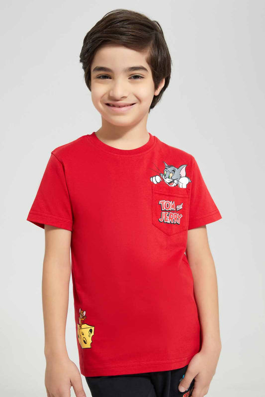 Redtag-Red-Tom-And-Jerry-Pocket-Graphic-Short-Sleeve-T-Shirt-BOY-T-Shirts,-Category:T-Shirts,-Colour:Red,-Deals:New-In,-Filter:Boys-(2-to-8-Yrs),-New-In-BOY-APL,-Non-Sale,-Section:Boys-(0-to-14Yrs),-TBL,-W22A-Boys-2 to 8 Years