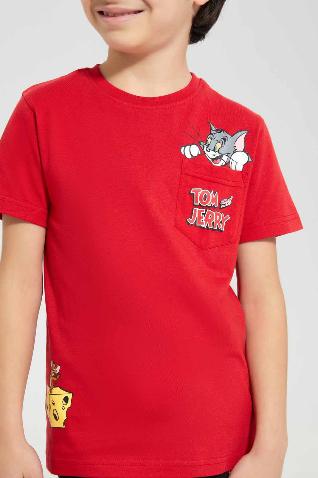 Redtag-Red-Tom-And-Jerry-Pocket-Graphic-Short-Sleeve-T-Shirt-BOY-T-Shirts,-Category:T-Shirts,-Colour:Red,-Deals:New-In,-Filter:Boys-(2-to-8-Yrs),-New-In-BOY-APL,-Non-Sale,-Section:Boys-(0-to-14Yrs),-TBL,-W22A-Boys-2 to 8 Years
