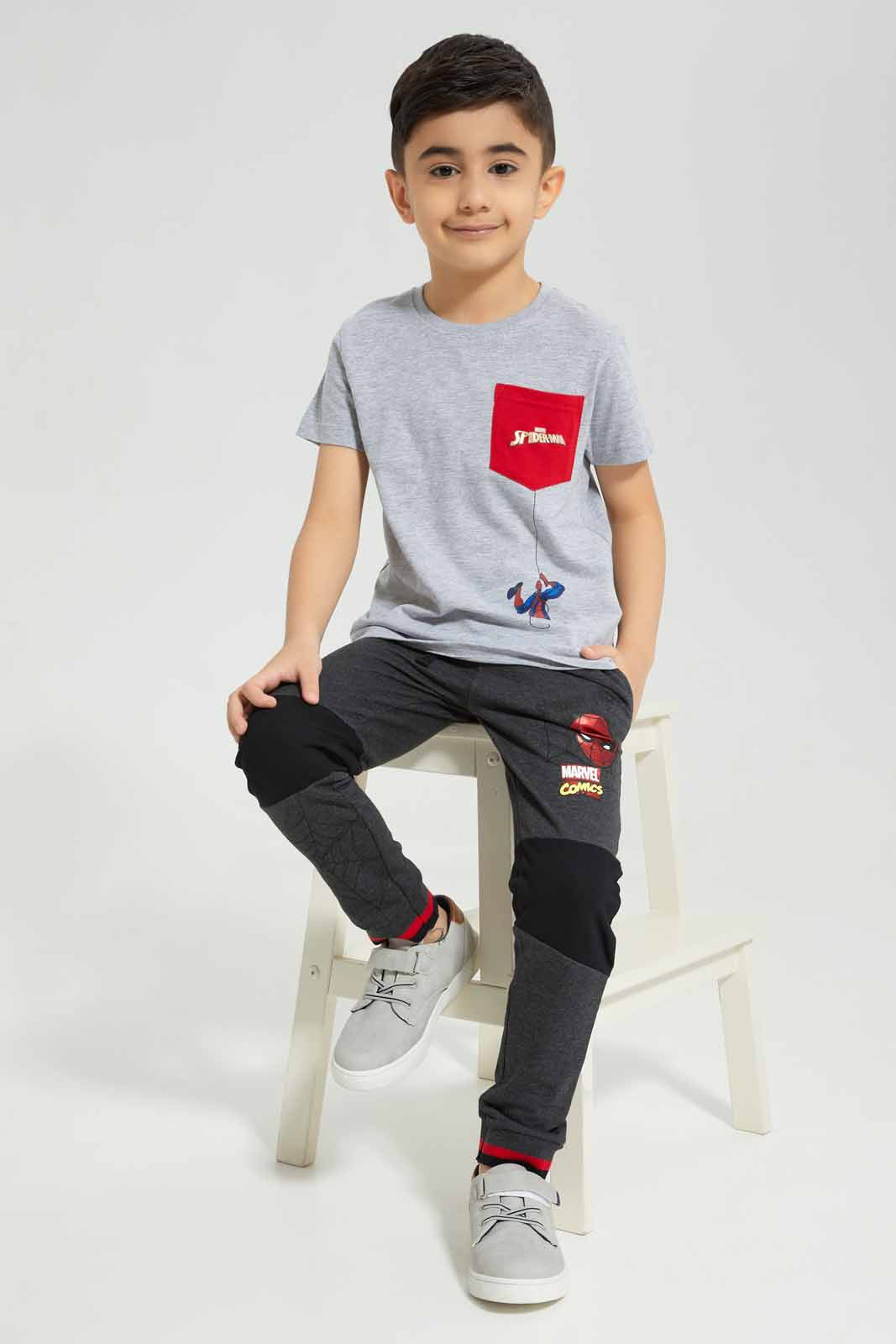 Redtag-Grey-Spiderman-Pocket-Graphic-Short-Sleeve-T-Shirt-BOY-T-Shirts,-Category:T-Shirts,-CHR,-Colour:Grey,-Deals:New-In,-Filter:Boys-(2-to-8-Yrs),-New-In-BOY-APL,-Non-Sale,-Section:Boys-(0-to-14Yrs),-TBL,-W22A-Boys-2 to 8 Years