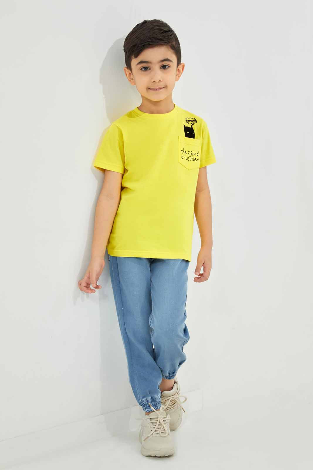 Redtag-Yellow-Batman-Pocket-Graphic-Short-Sleeve-T-Shirt-BOY-T-Shirts,-Category:T-Shirts,-Colour:Yellow,-Deals:New-In,-Filter:Boys-(2-to-8-Yrs),-New-In-BOY-APL,-Non-Sale,-Section:Boys-(0-to-14Yrs),-TBL,-W22A-Boys-2 to 8 Years