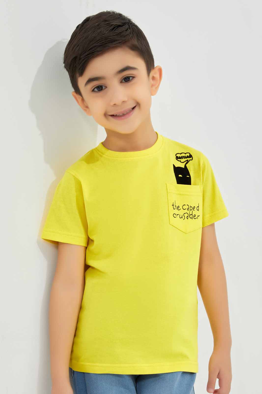 Redtag-Yellow-Batman-Pocket-Graphic-Short-Sleeve-T-Shirt-BOY-T-Shirts,-Category:T-Shirts,-Colour:Yellow,-Deals:New-In,-Filter:Boys-(2-to-8-Yrs),-New-In-BOY-APL,-Non-Sale,-Section:Boys-(0-to-14Yrs),-TBL,-W22A-Boys-2 to 8 Years