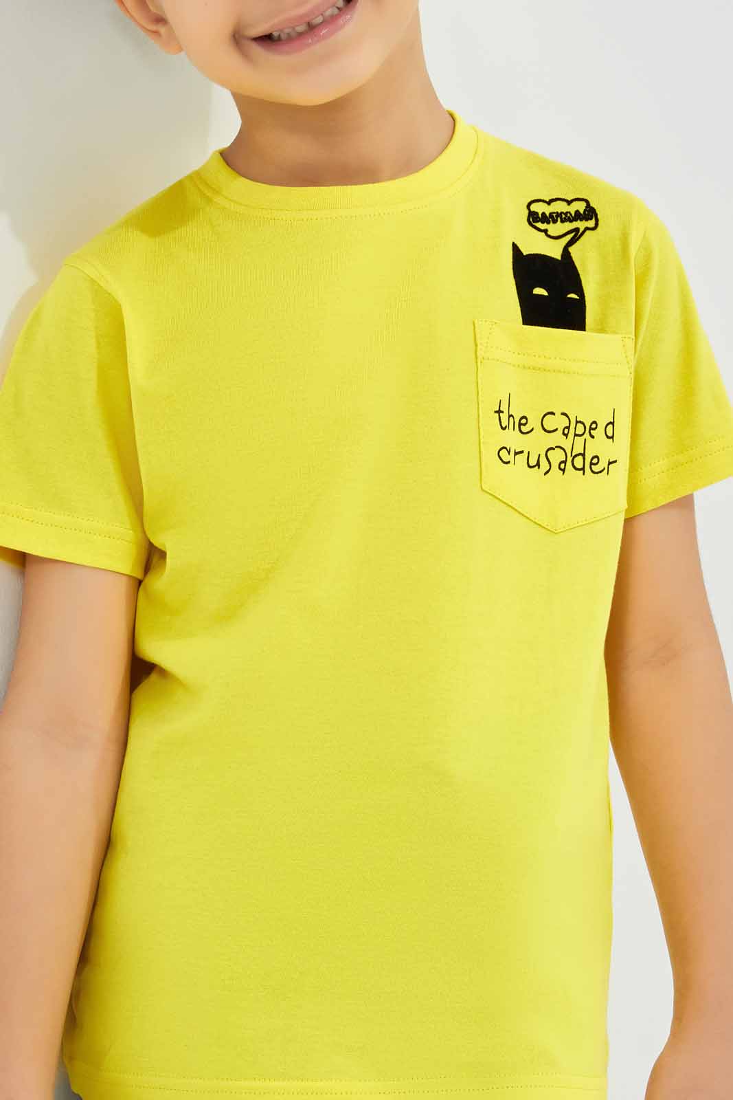 Redtag-Yellow-Batman-Pocket-Graphic-Short-Sleeve-T-Shirt-BOY-T-Shirts,-Category:T-Shirts,-Colour:Yellow,-Deals:New-In,-Filter:Boys-(2-to-8-Yrs),-New-In-BOY-APL,-Non-Sale,-Section:Boys-(0-to-14Yrs),-TBL,-W22A-Boys-2 to 8 Years