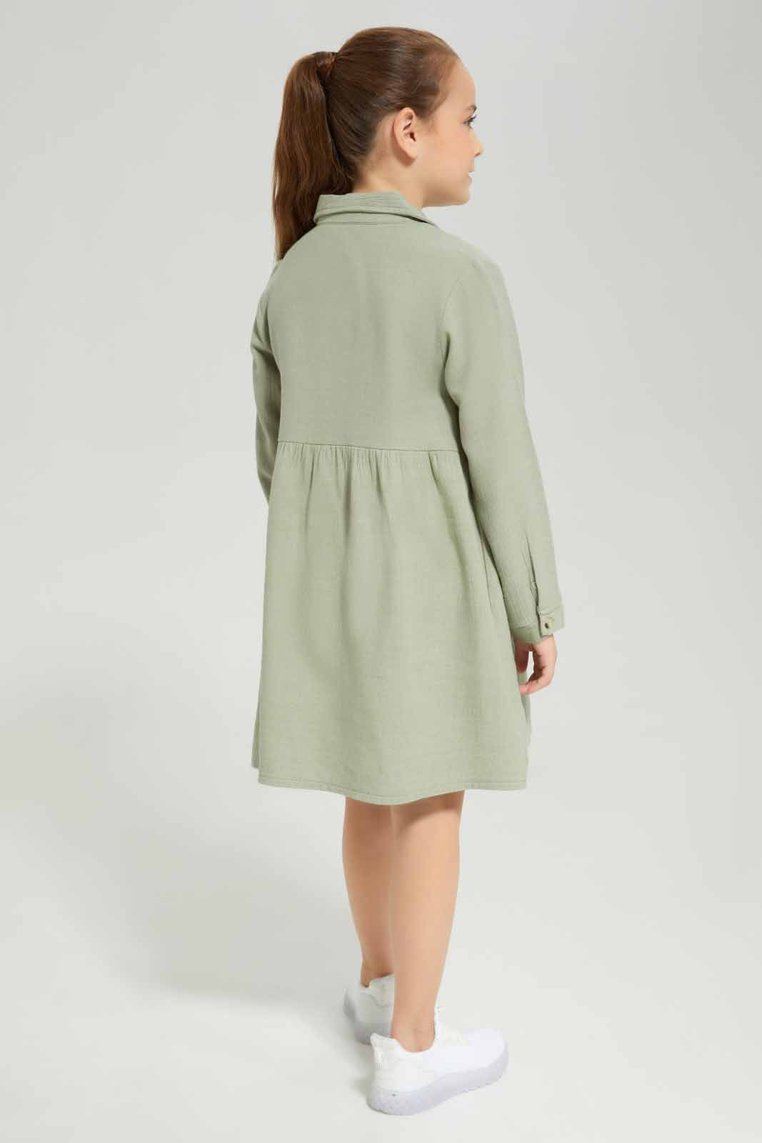 Redtag-Green-collar-dress-Category:Dresses,-Colour:Green,-Deals:New-In,-Dept:Girls,-Filter:Girls-(2-to-8-Yrs),-GIR-Dresses,-New-In-GIR-APL,-Non-Sale,-Section:Girls-(0-to-14Yrs),-W22A-Girls-2 to 8 Years