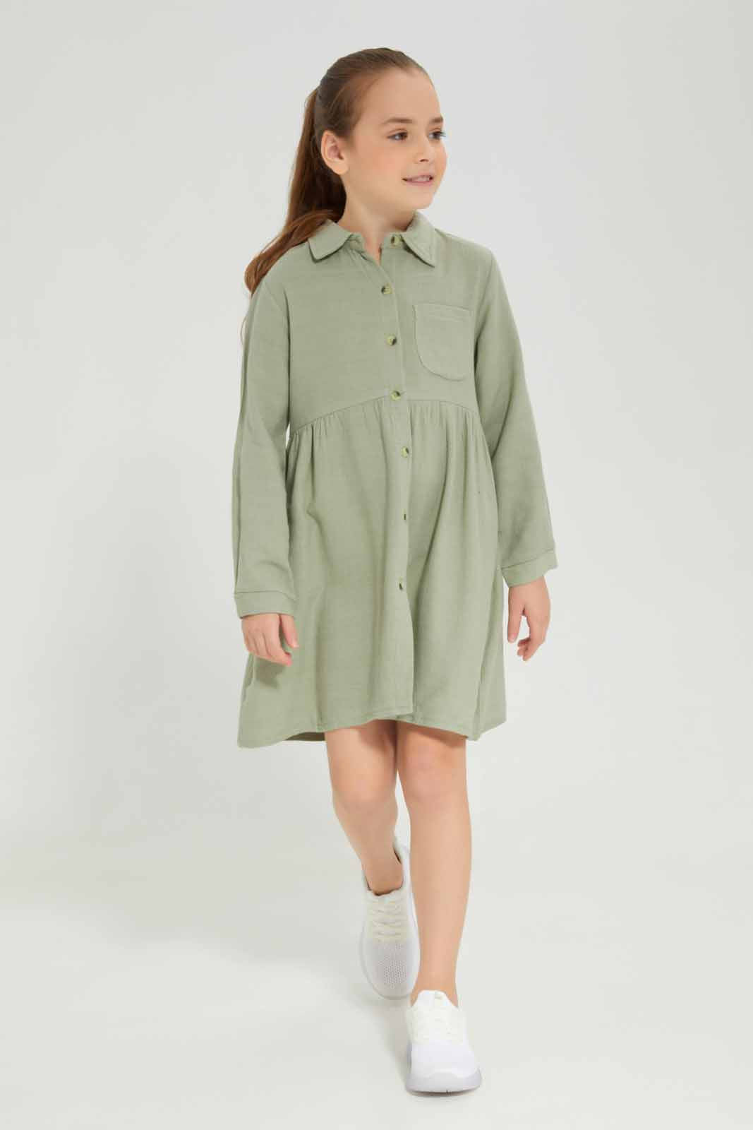 Redtag-Green-collar-dress-Category:Dresses,-Colour:Green,-Deals:New-In,-Dept:Girls,-Filter:Girls-(2-to-8-Yrs),-GIR-Dresses,-New-In-GIR-APL,-Non-Sale,-Section:Girls-(0-to-14Yrs),-W22A-Girls-2 to 8 Years