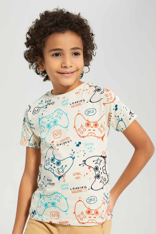 Redtag-Beige-Game-All-Over-Print-T-shirt-BOY-T-Shirts,-Category:T-Shirts,-Colour:Beige,-Deals:New-In,-Filter:Boys-(2-to-8-Yrs),-New-In-BOY-APL,-Non-Sale,-Section:Boys-(0-to-14Yrs),-TBL,-W22A-Boys-2 to 8 Years