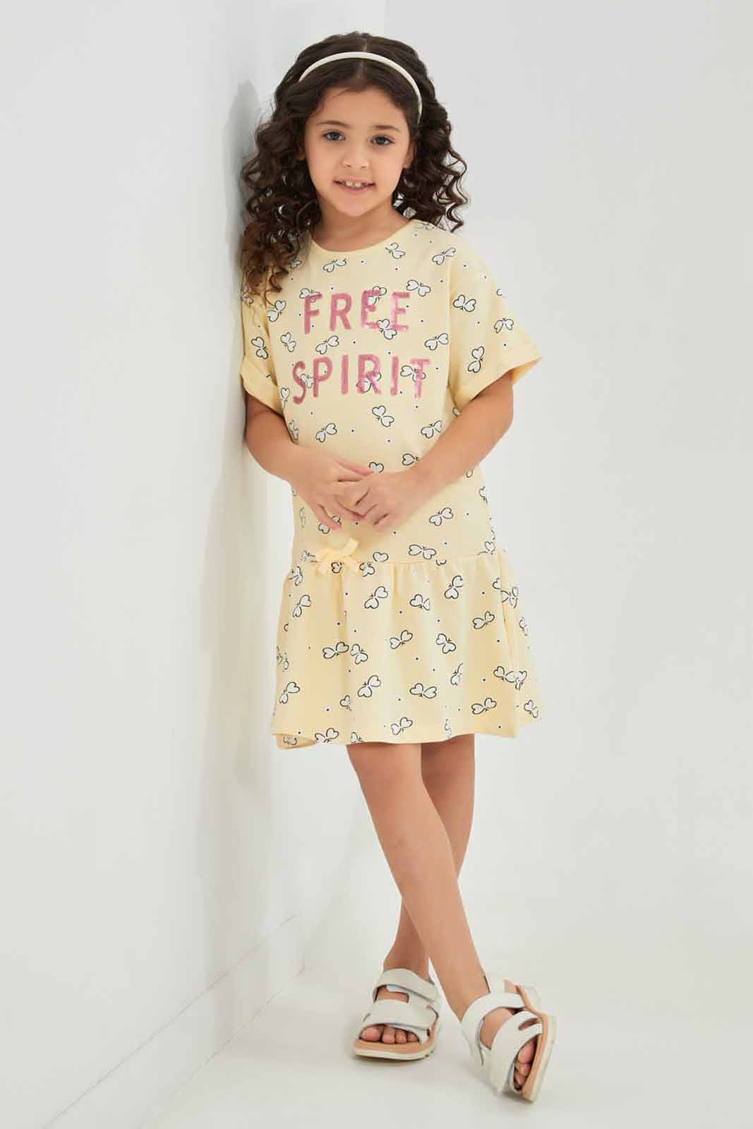 Redtag-Yellow-AOP-Dress-Category:Dresses,-Colour:Yellow,-Deals:New-In,-Filter:Girls-(2-to-8-Yrs),-GIR-Dresses,-New-In-GIR-APL,-Non-Sale,-Section:Girls-(0-to-14Yrs),-W22A-Girls-2 to 8 Years