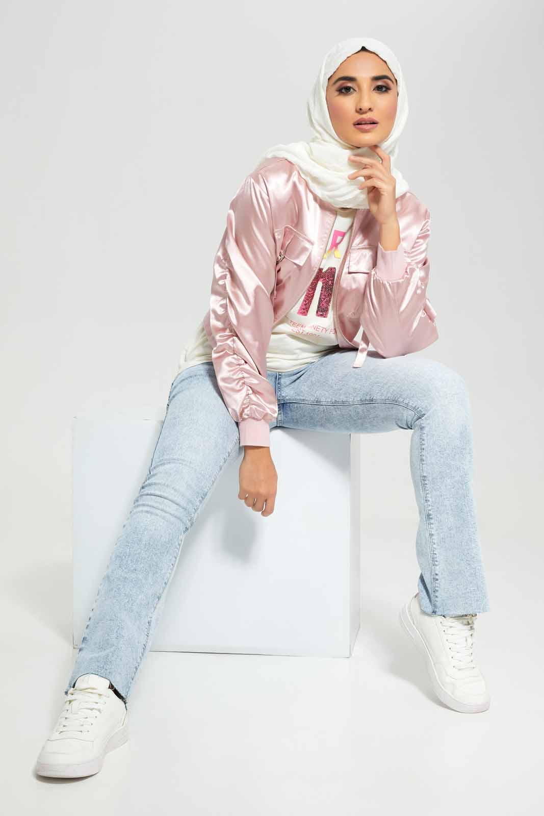 Redtag-Pale-Pink-Satin-Oversized-Pockets-Cropped-Bomber-Jacket-Category:Jackets,-Colour:Apricot,-Deals:New-In,-Filter:Women's-Clothing,-LMC,-New-In-Women-APL,-Non-Sale,-Section:Women,-W22A,-Women-Jackets--