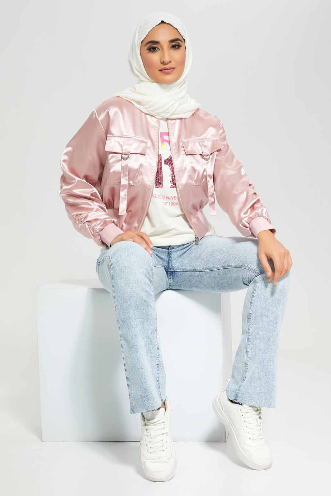Redtag-Pale-Pink-Satin-Oversized-Pockets-Cropped-Bomber-Jacket-Category:Jackets,-Colour:Apricot,-Deals:New-In,-Filter:Women's-Clothing,-LMC,-New-In-Women-APL,-Non-Sale,-Section:Women,-W22A,-Women-Jackets--