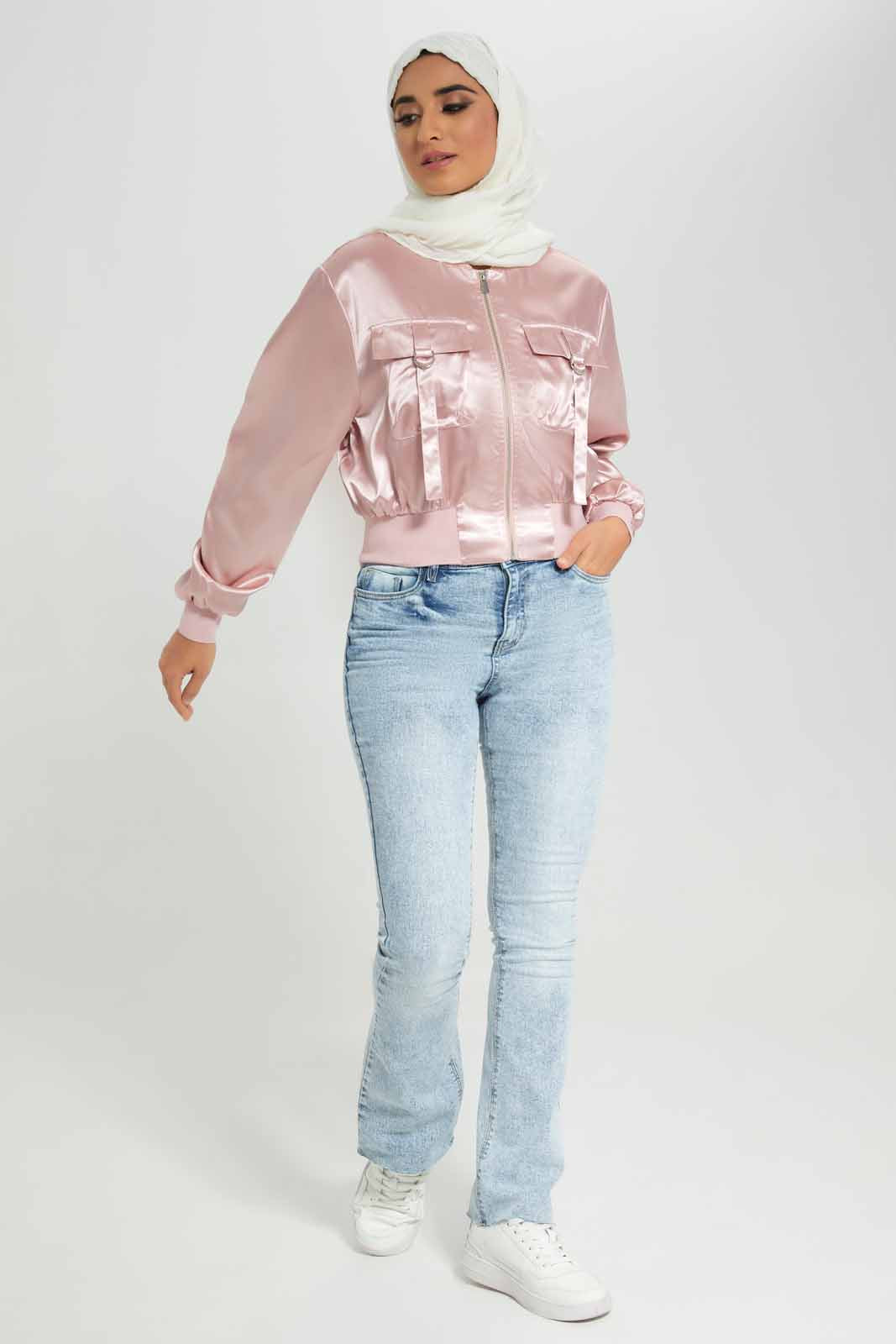 Redtag-Pale-Pink-Satin-Oversized-Pockets-Cropped-Bomber-Jacket-Category:Jackets,-Colour:Apricot,-Deals:New-In,-Filter:Women's-Clothing,-LMC,-New-In-Women-APL,-Non-Sale,-Section:Women,-W22A,-Women-Jackets--