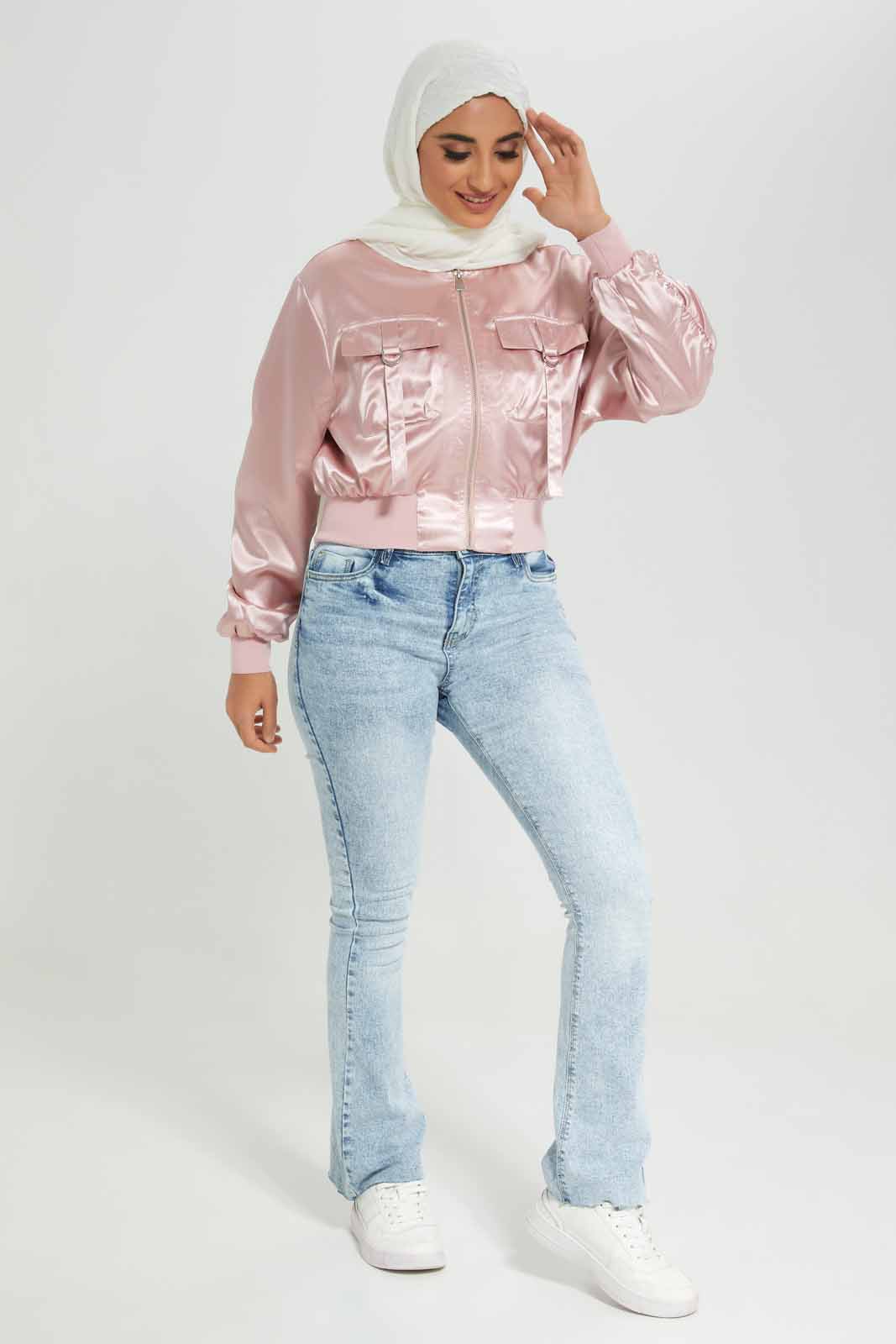 Redtag-Pale-Pink-Satin-Oversized-Pockets-Cropped-Bomber-Jacket-Category:Jackets,-Colour:Apricot,-Deals:New-In,-Filter:Women's-Clothing,-LMC,-New-In-Women-APL,-Non-Sale,-Section:Women,-W22A,-Women-Jackets--