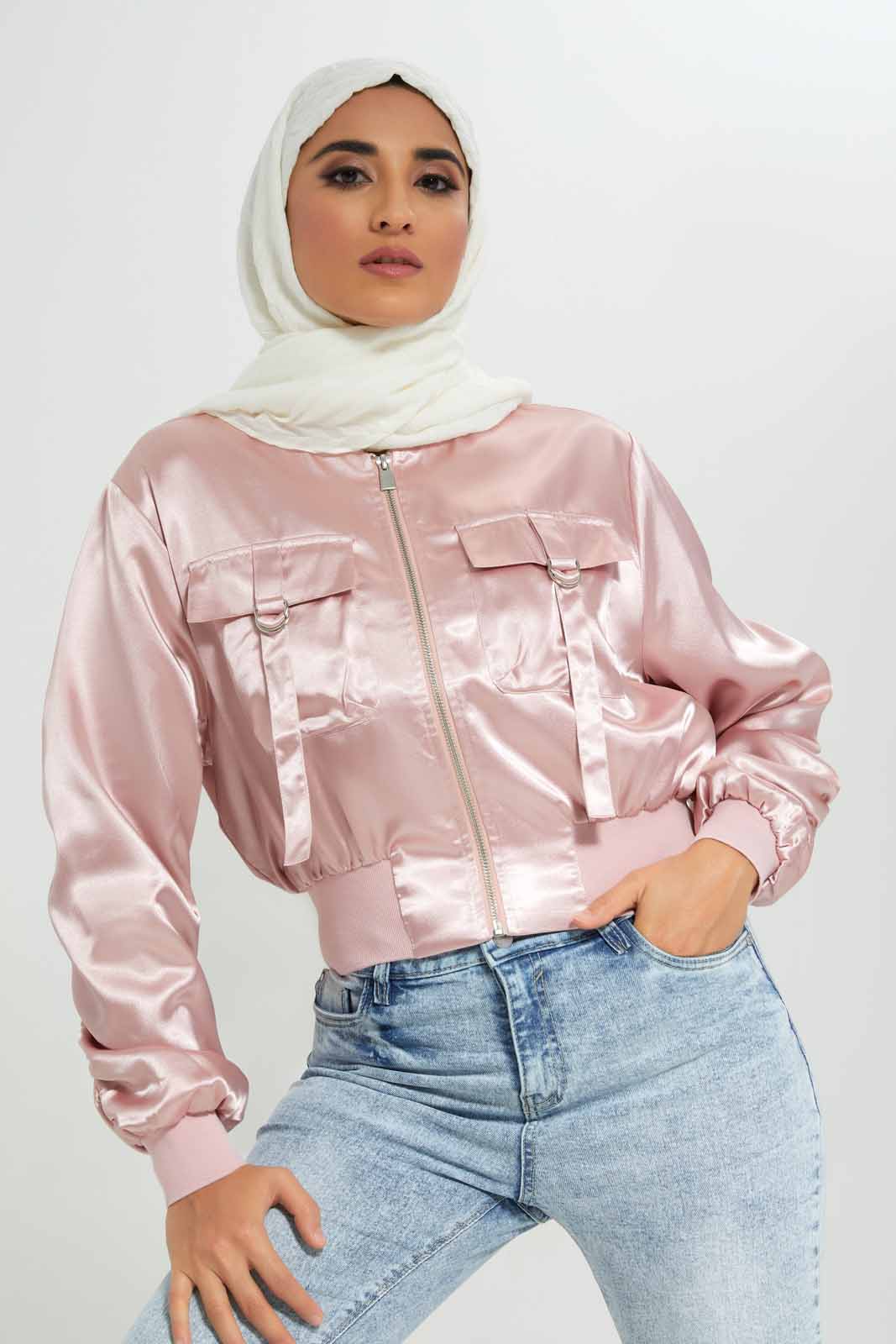 Redtag-Pale-Pink-Satin-Oversized-Pockets-Cropped-Bomber-Jacket-Category:Jackets,-Colour:Apricot,-Deals:New-In,-Filter:Women's-Clothing,-LMC,-New-In-Women-APL,-Non-Sale,-Section:Women,-W22A,-Women-Jackets--
