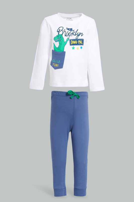 Redtag-White-Brooklyn-Dino-With-Blue-Bottom-Pj-Set-(2-Pack)-Category:Pyjama-Sets,-Colour:White,-Deals:New-In,-Filter:Infant-Boys-(3-to-24-Mths),-INB-Pyjama-Sets,-New-In-INB-APL,-Non-Sale,-Section:Boys-(0-to-14Yrs),-W22A-Infant-Boys-3 to 24 Months